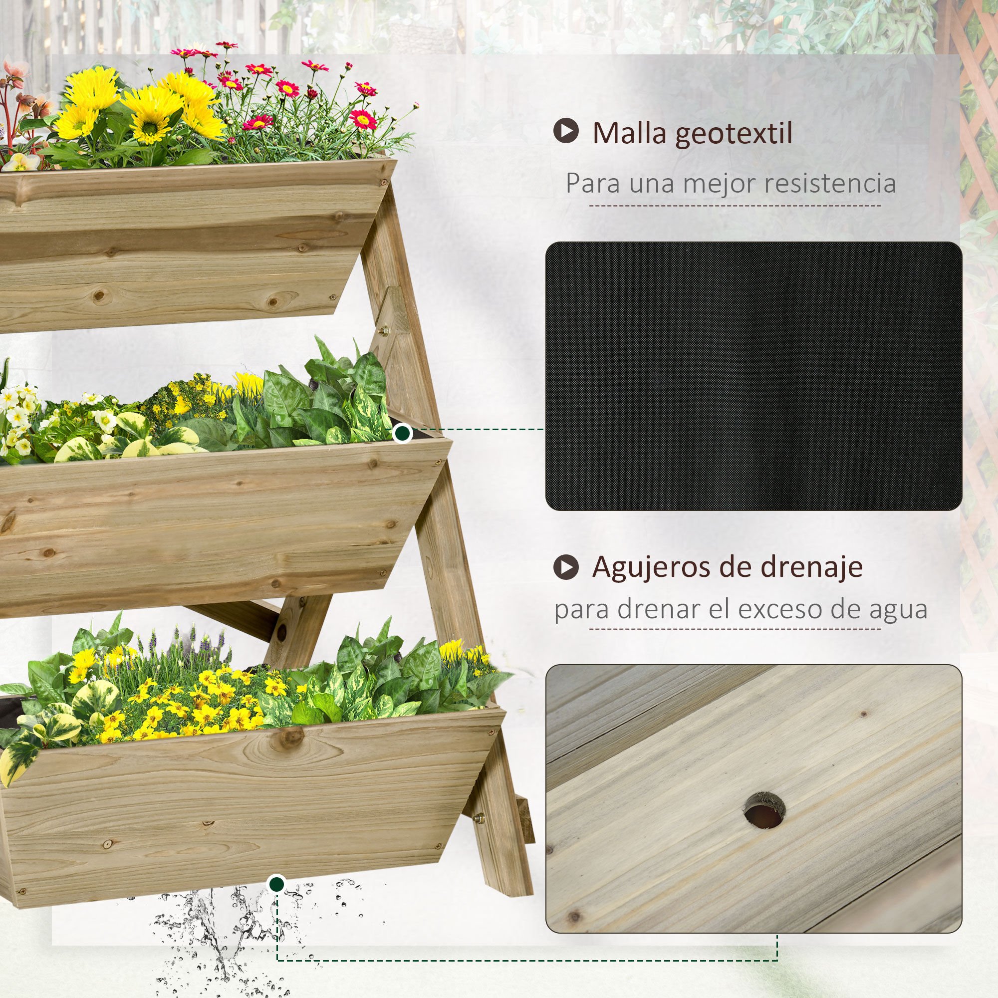 Outsunny Jardinera de Escalera de 3 Niveles Maceteros de Madera Jardinera Vertical con Tela no Tejida y Orificios de Drenaje Huerto Urbano para Plantas Macetas Flores Jard&iacute;n 71x61x77 cm Natural, , large Imagen numero 5