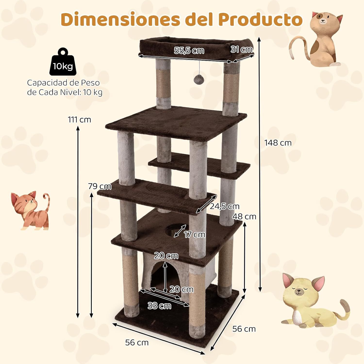 COSTWAY Rascador para Gatos Grandes, &Aacute;rbol Rascador para Gatos Multinivel, Altura 148 cm con Condominio, Percha de Peluche, Postes Rascadores, Agujero, Pomp&oacute;n y Plataformas, Torre Gato de Interior, , large Imagen numero 5