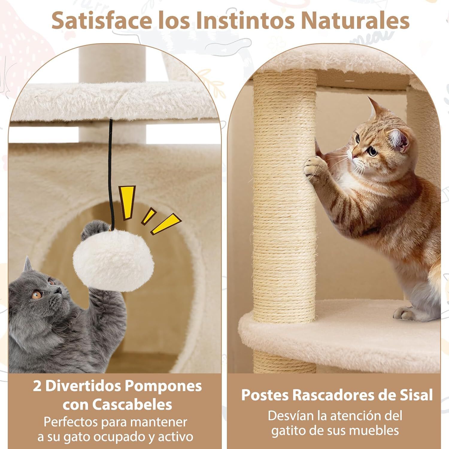 COSTWAY Árbol para Gatos, Torre para Gatos con Condominio y Percha Acolchada, Postes de Sisal para Rascar, Bola Colgante con Campana, Plataformas de Salto, Escalera, Base Ancha Estable (Blanco) thumbnail
