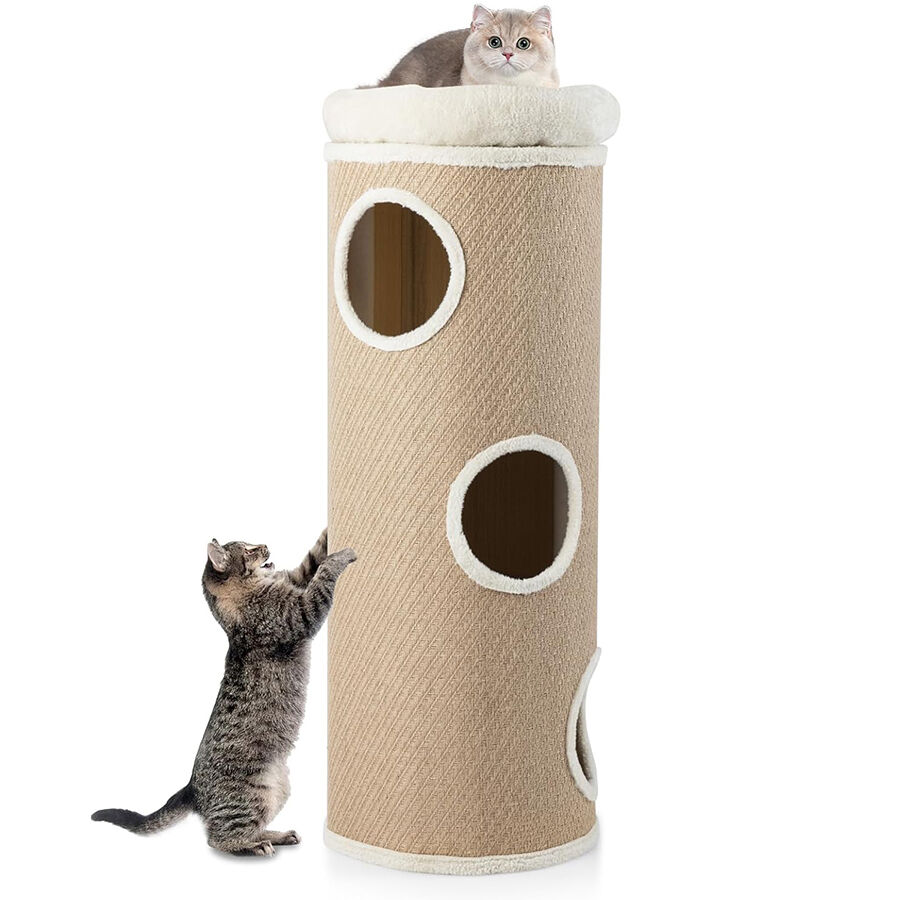 COSTWAY Barril Rascador de 4 Niveles, Poste rascador para Gatos para M&uacute;ltiples Gatos con Cama de Percha Removible, Tablero Rascador de Sisal, Estera de Bamb&uacute; para Gato de Interior (De Yute), , large Imagen numero 1