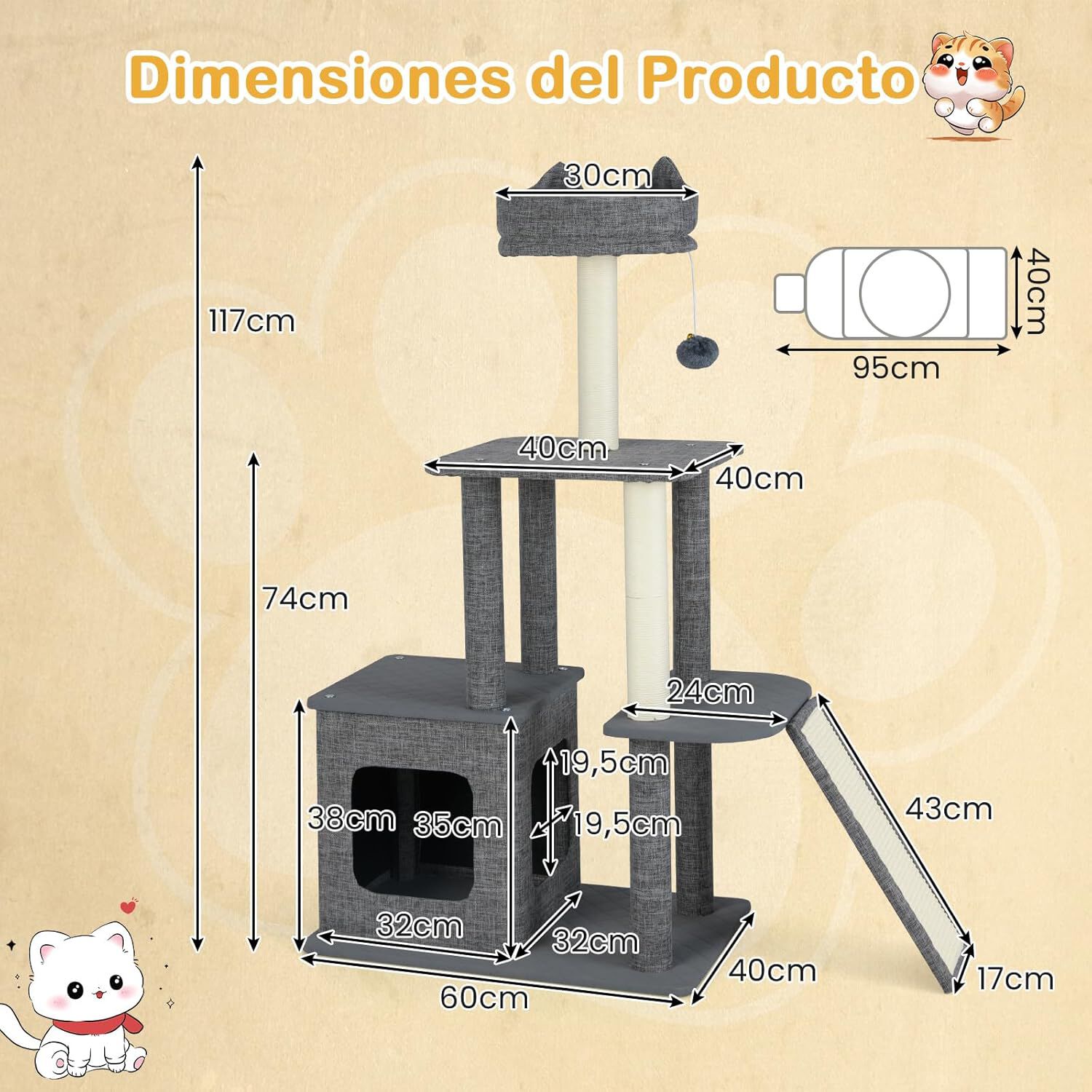COSTWAY Rascador para Gatos, Arbol Rascador para Gatos de 3 Niveles con 2 Postes y Rampa Rascadores, Cama Superior, Pelota Colgante y Plataformas de Salto, Centro de Actividades de Gatos, , large Imagen numero 4