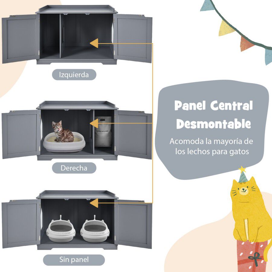 COSTWAY Casita para Gatos, Arenero para Gatos, Casita para Mascotas, Casa para Gatos, Recinto con Hoyo para Gatos, Caja para Animales con Estructura de Madera Resistente (Gris), , large Imagen numero 3