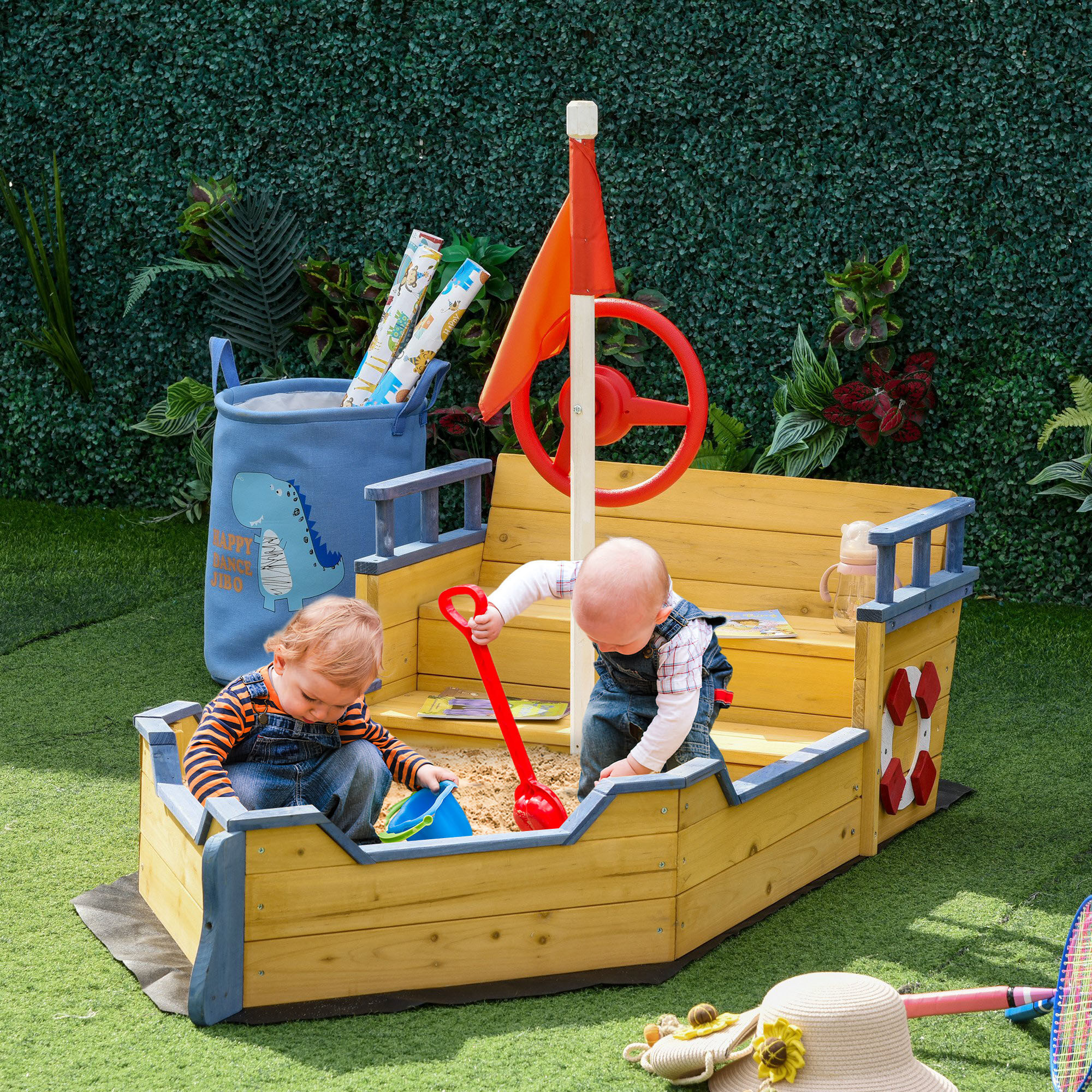 Outsunny Arenero Infantil de Madera Dise&ntilde;o de Gale&oacute;n con 2 Escalones Banco con Almacenaje Bandera y Tim&oacute;n Caj&oacute;n de Arena de Jard&iacute;n para Ni&ntilde;os de +3 A&ntilde;os 158x78x45,5 cm Natural, , large Imagen numero 2