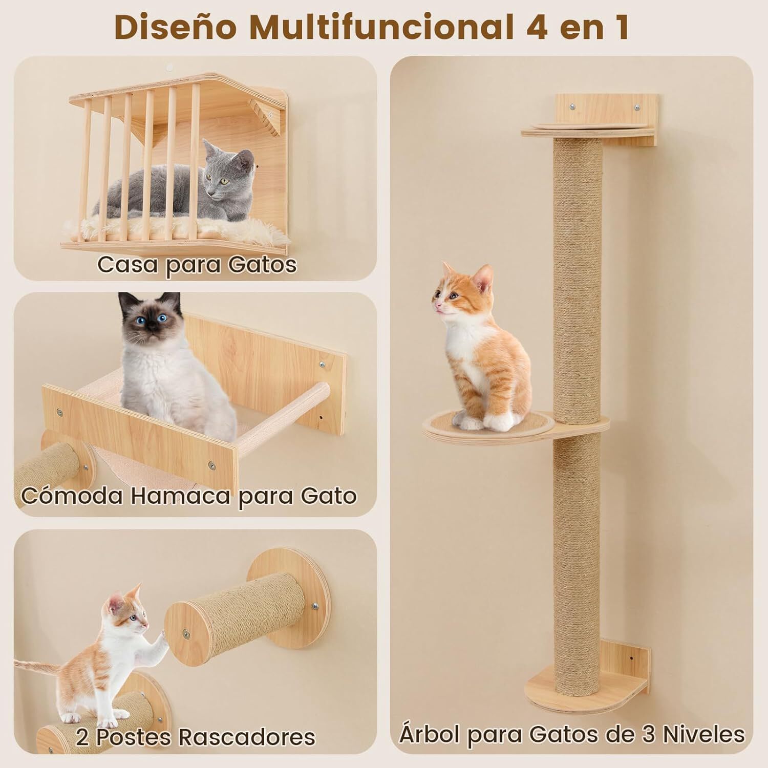 COSTWAY Set de Pared de Escalada para Gatos, 5PCS Estante de Escalada para Gatos de Pared, con Árbol de 3 Niveles, Hamaca, Poste y Alfombras Rascadores, Centro de Actividades Que Ahorra Espacio thumbnail