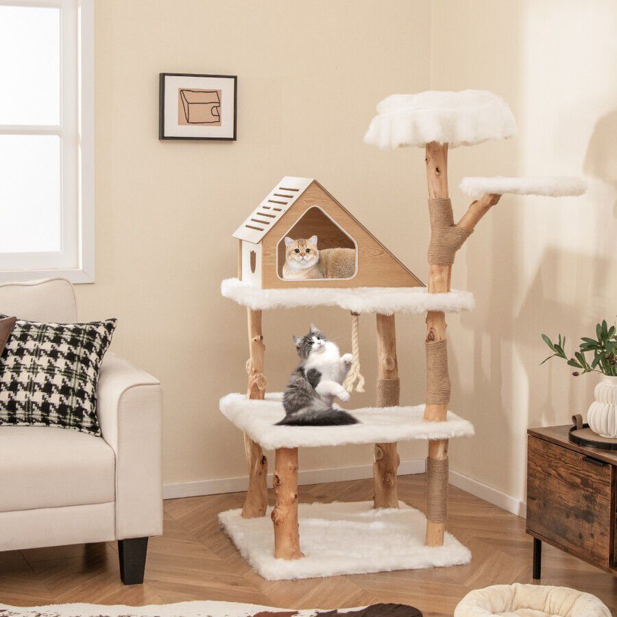 COSTWAY &Aacute;rbol para Gatos de Madera S&oacute;lida de 150 CM, Torre de Gato con 2 Percheros, Condominio, Postes de Jute, Cuerda de Sisal, Centro de Actividades de 5 Capas, Mueble de Escalada para Gatitos de Interior, , large Imagen numero 5
