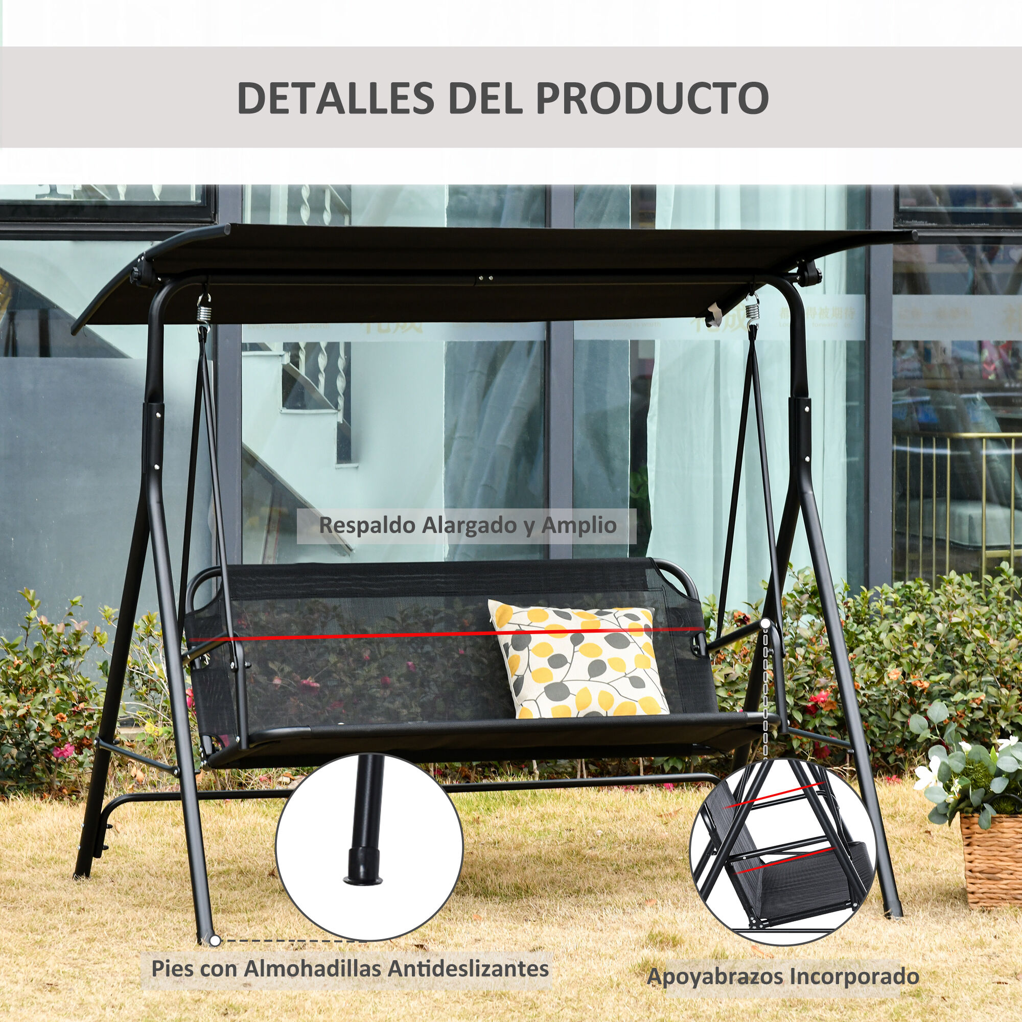 Outsunny Columpio de Jard&iacute;n de Exterior de 2 Plazas Silla Balanc&iacute;n con Parasol Techo Ajustable en &Aacute;ngulo Terraza Balc&oacute;n Exterior Carga 200 kg 172x110x155 cm Negro, , large Imagen numero 5