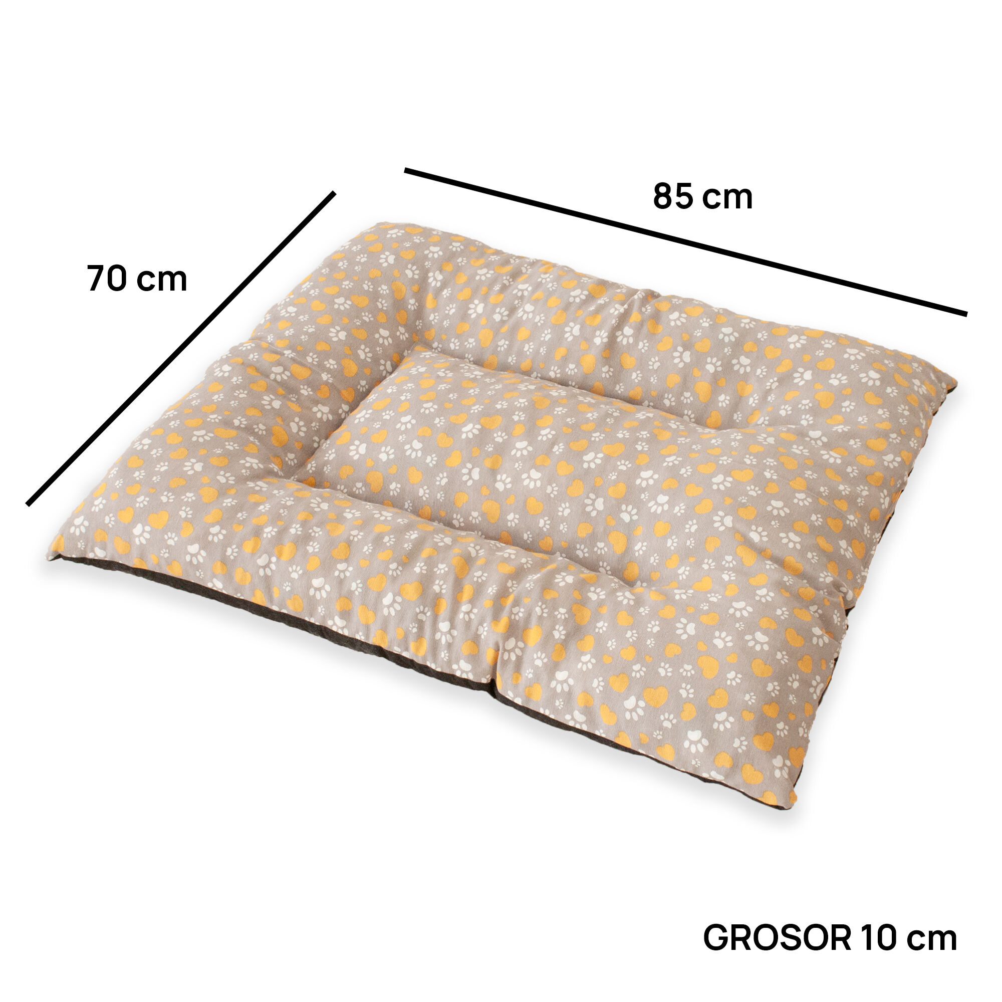 Coj&iacute;n para Mascota Grande Acolchado Relleno. Color Gris con Corazones Amarillos y Huellas Blancas. 85x70x10 cm, , large Imagen numero 3