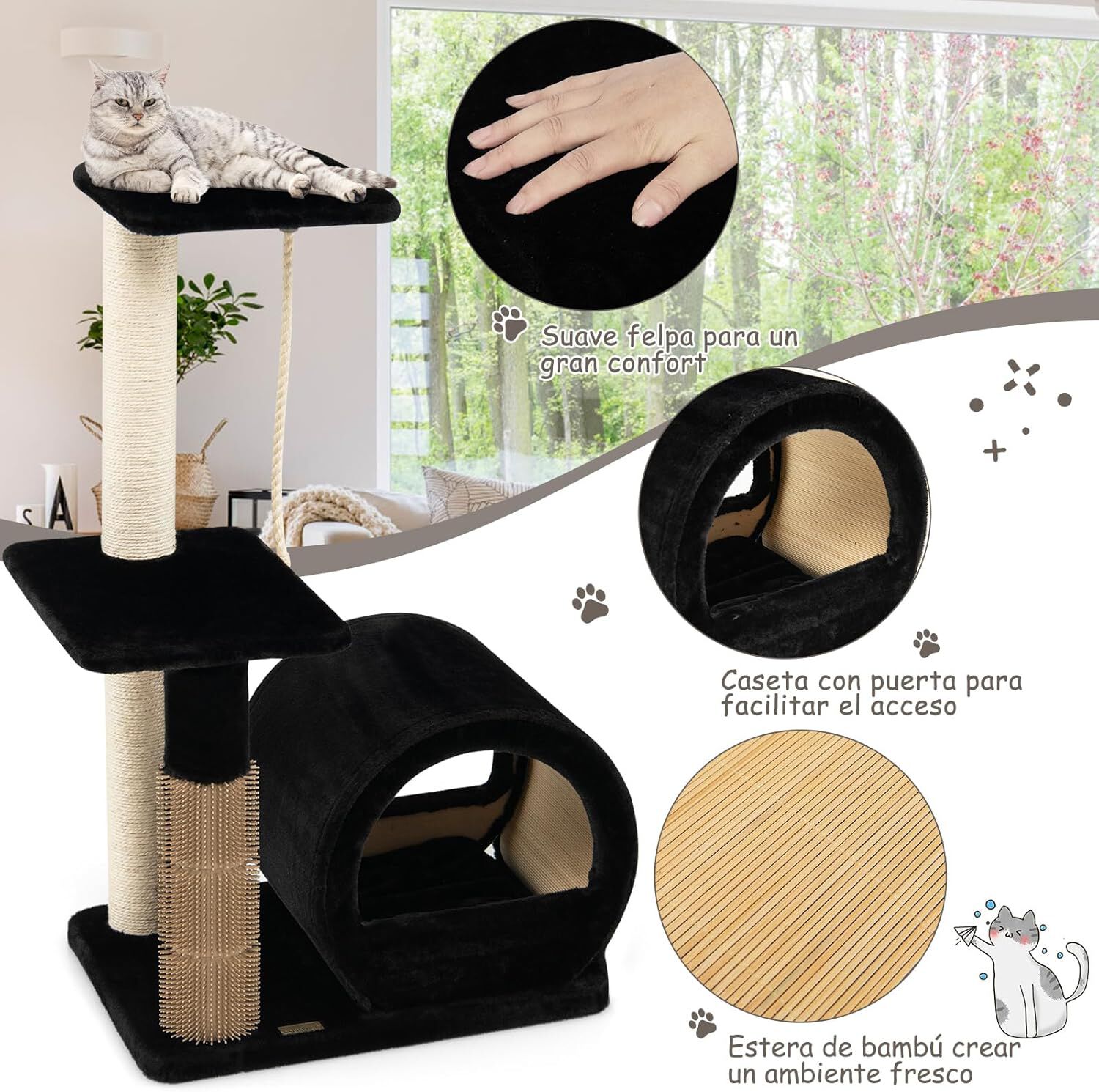 COSTWAY &Aacute;rbol para Gatos Altura 92 cm, Torre para Gatos con Plataforma Superior, Casa C&oacute;moda, Poste de Sisal, Bola interactiva, Centro de Actividades de M&uacute;ltiples Niveles para Gatos (Negro), , large Imagen numero 2
