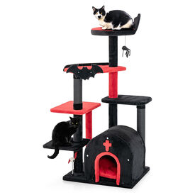 COSTWAY Árbol Rascador para Gatos Gótico, 134 cm Torre para Gatos de 6 Niveles con Cama, Condominio, Postes Rascadores, Pompón y Bola de Resorte, Centro de Actividades para Gatitos de Interior