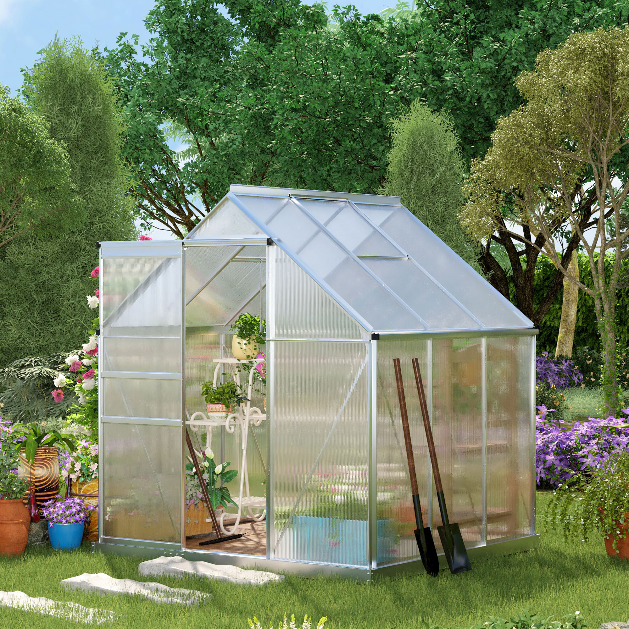 Outsunny Invernadero Policarbonato Aluminio de Jard&iacute;n 190x190x200 cm 3,6m&sup2; Caseta de Exterior con Base Puerta Corredera y 2 Tragaluces para Cultivo Plantas Semillas Transparente, , large Imagen numero 2