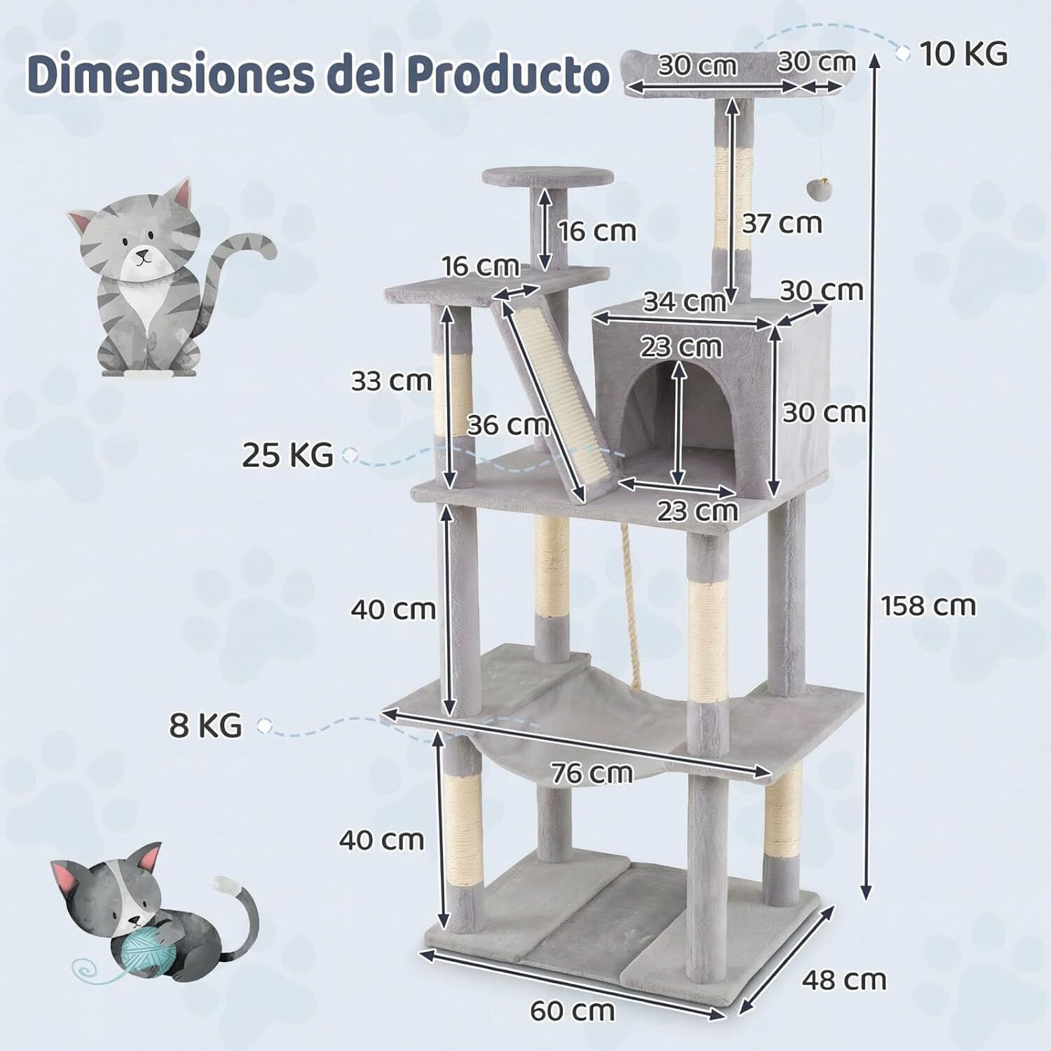 COSTWAY &Aacute;rbol Rascador para Gatos 158 CM, Torre Multinivel con 2 Cuevas Grandes,Hamaca, 3 Postes Rascadores de Sisal, Rampa y Bola Colgante, Torre Rascador de Felpa para Gatos (Gris Claro), , large Imagen numero 5