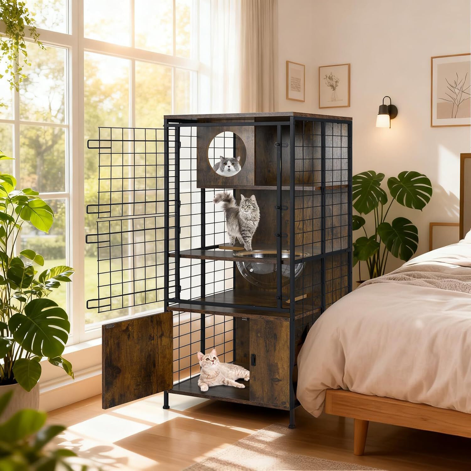 COSTWAY Jaula Grande para Gatos, Jaula Torre para 1-3 Gatos Multinivel con Marco Met&aacute;lico, Agujeros, Armario, 3 Puertas con Cerradura, Almohadillas Ajustables para Pies, Parque para Mascotas Interior, , large Imagen numero 2