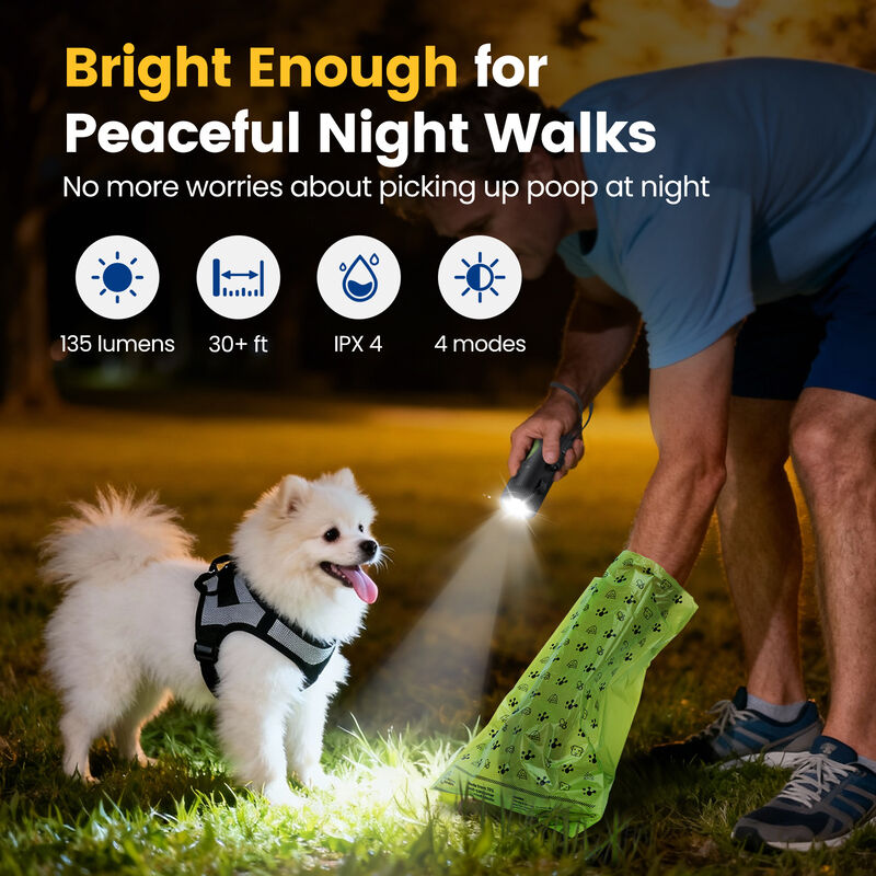 PawView Dispensador 2 en 1 de Bolsas para Perros con Linterna LED Recargable USB-C, Clip Manos Libres, Sistema Retr&aacute;ctil y 4 Rollos, , large Imagen numero 2