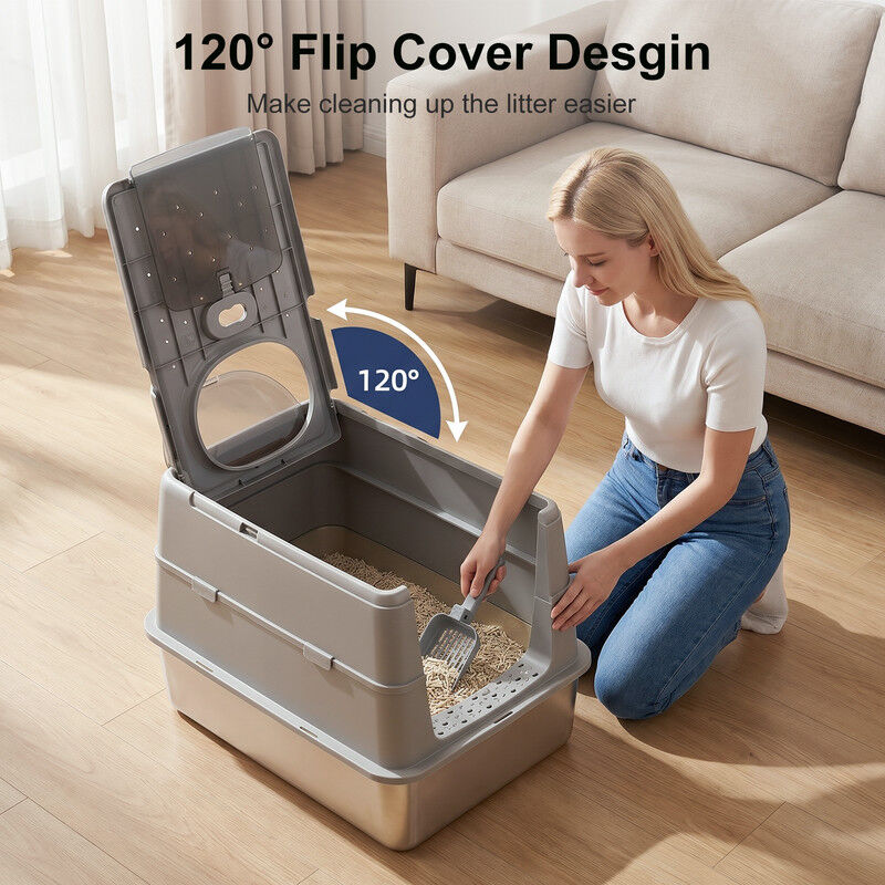 Nobleza Arenero para Gatos de Acero Inoxidable Cubierto con Tapa Rabatible 120&deg; &ndash; Caja de Arena Grande Cerrada y Antifugas con Doble Entrada, Antiolor y Alfombrilla, Arenero Desmontable 3 en 1 para Gatos Grandes y Gatitos, , large Imagen numero 2
