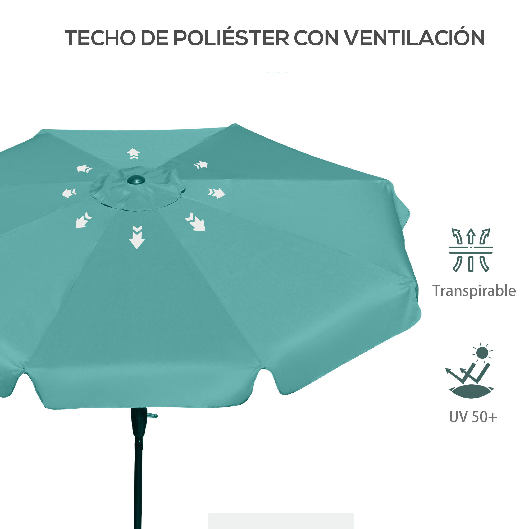 Outsunny Sombrilla de Jard&iacute;n &Oslash;266x250 cm Parasol de Jard&iacute;n de Aluminio con &Aacute;ngulo Ajustable Protecci&oacute;n UV50+ Techo de Ventilaci&oacute;n y Manivela para Terraza Balc&oacute;n Exterior Verde, , large Imagen numero 5