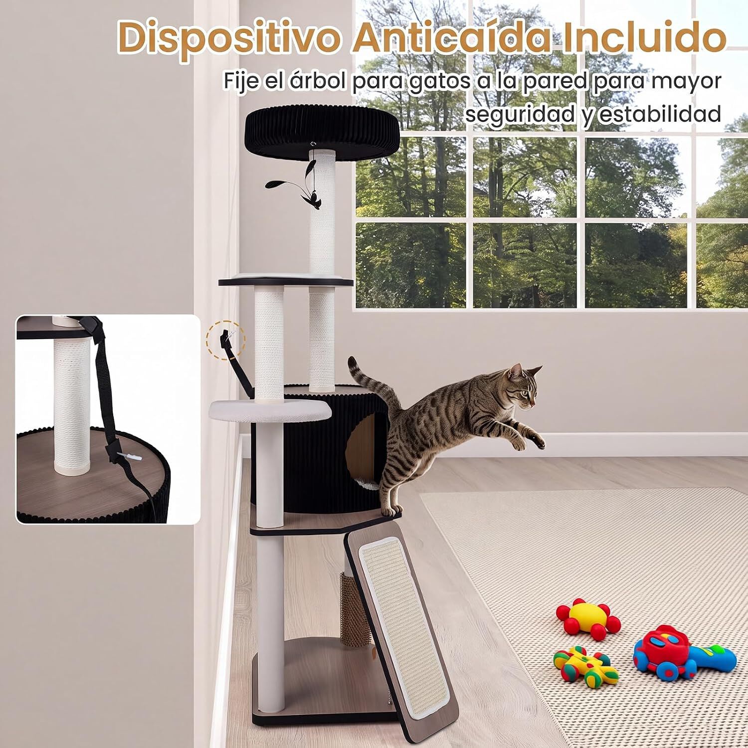 COSTWAY 155 cm &Aacute;rbol Rascador para Gatos con Postes Rascadores y Rampa | Torre de Juegos Multinivel con Casita, Percha Mullida, Plataformas y Juguete Colgante, Centro de Actividades para Gatitos, , large Imagen numero 2