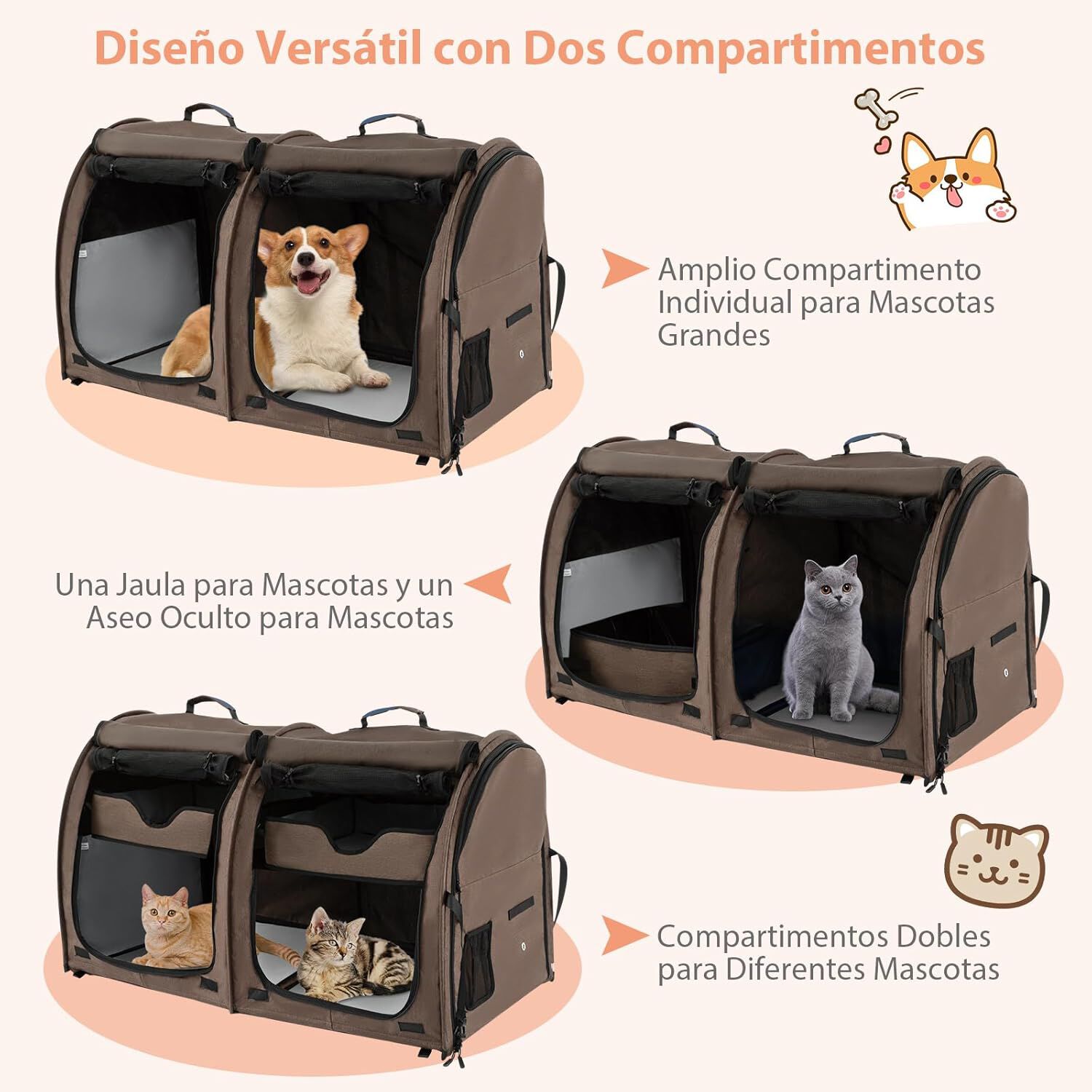 COSTWAY Transport&iacute;n de Doble Compartimento Perro Gato, Bolsa de Transporte Port&aacute;til 3 en 1 con 2 Hamacas Desmontables, Jaula Suave para Mascotas con Bolsa de Transporte 100 x 58 x 61cm (Marr&oacute;n), , large Imagen numero 3