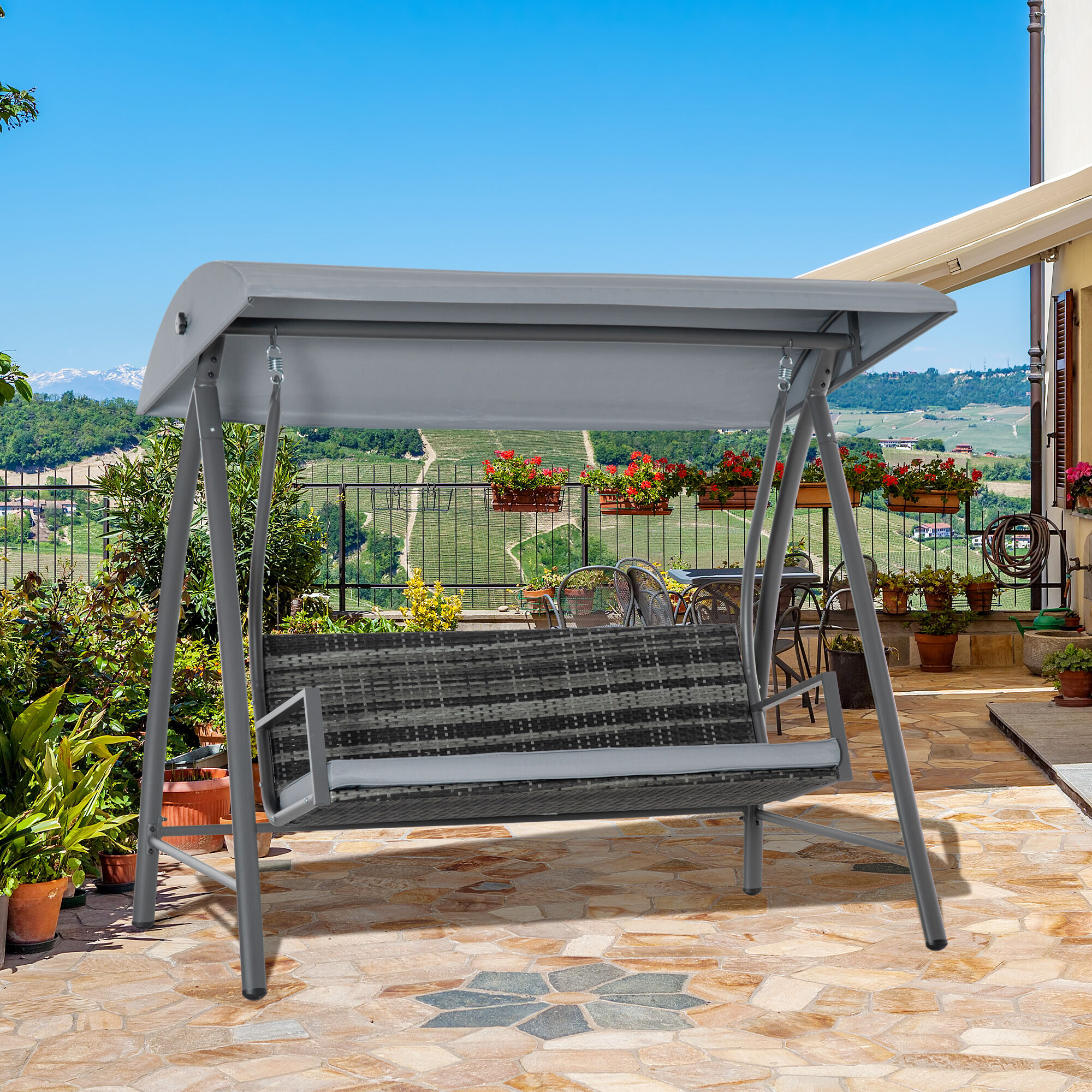 Outsunny Columpio Balanc&iacute;n Jard&iacute;n de Rat&aacute;n de 3 Plazas con Techo Ajustable y Coj&iacute;n Desenfundable con Cremallera para Terraza Balc&oacute;n Exterior Carga 360 kg 198x124x179 cm Gris, , large Imagen numero 2