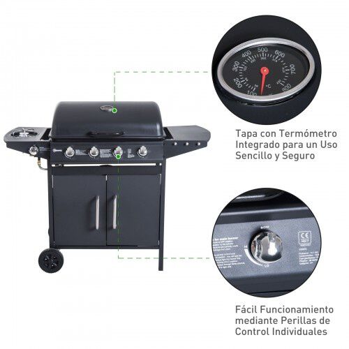 Barbacoa de Gas con 5 Quemadores de Acero Inoxidable Fog&oacute;n y Parrilla con Tapa y Ruedas, , large Imagen numero 5
