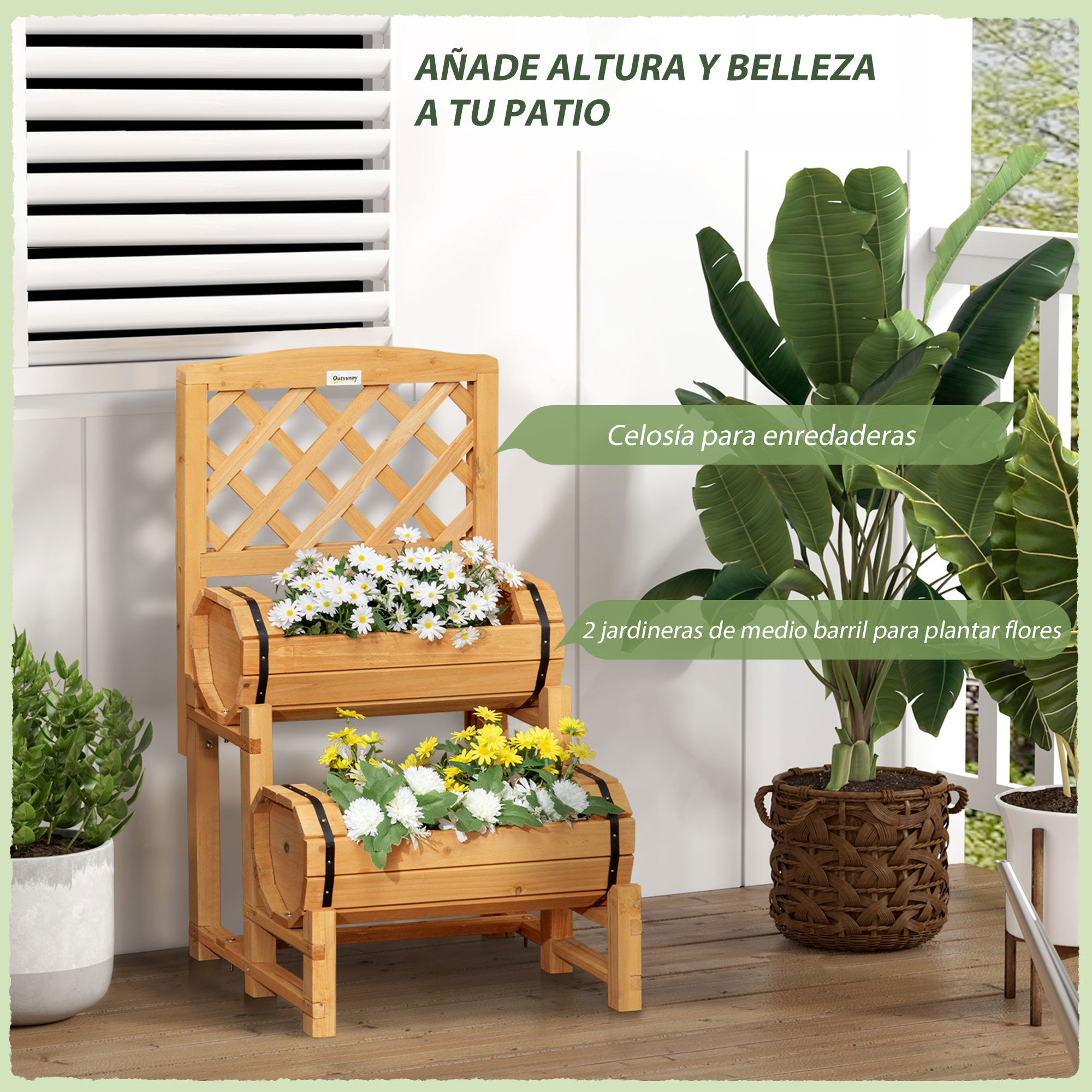 Outsunny Arriate de Jard&iacute;n con Enrejado Tipo Barril con 2 Macetas Macetero con Soporte para Trepadora Cultivos Plantas Flores para Patio Terraza Balc&oacute;n 45x45x80 cm Natural, , large Imagen numero 4