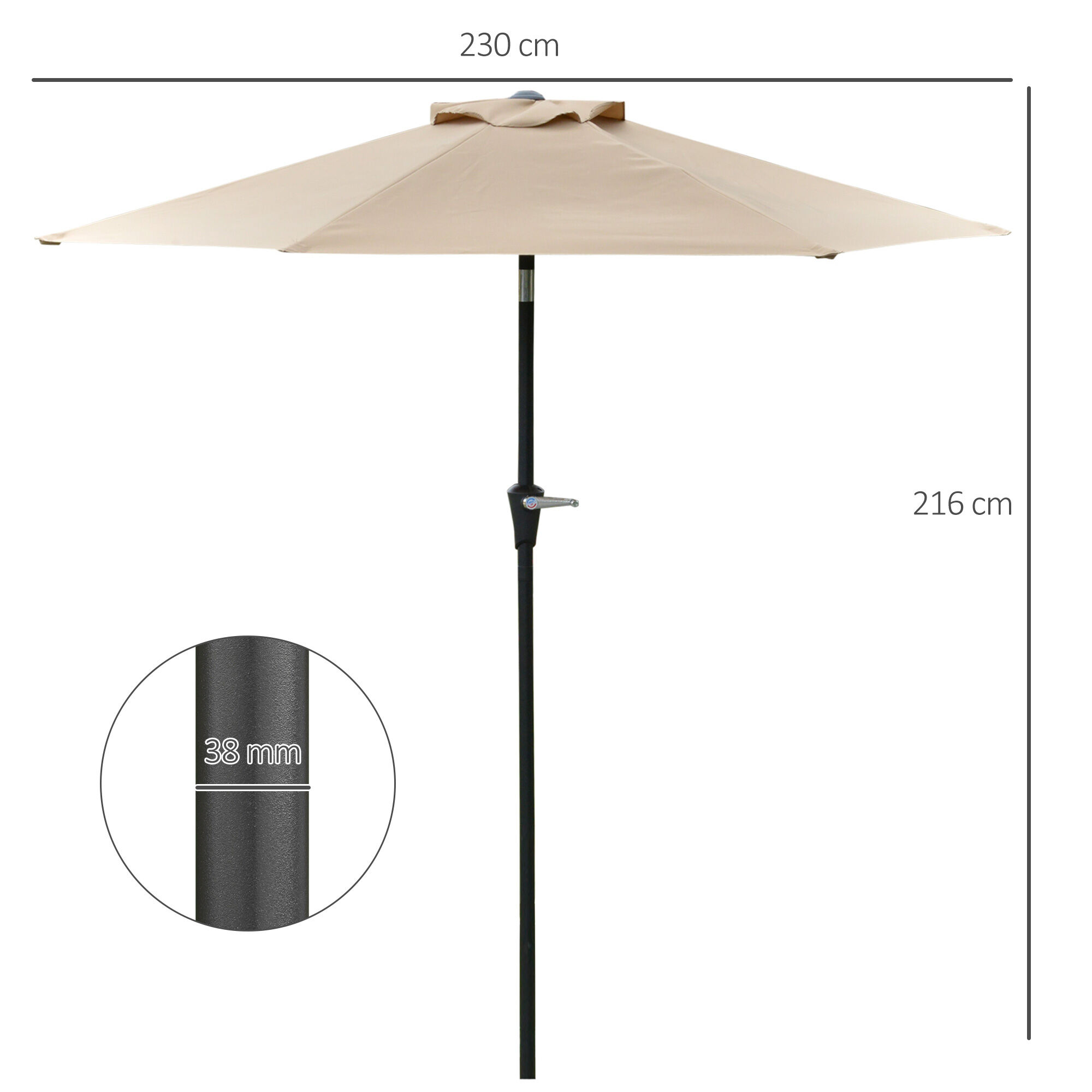 Outsunny Sombrilla de Jard&iacute;n &Oslash;230x216 cm Parasol de Terraza Basculante Apertura Manual Impermeable para Patio Piscina Caqui, , large Imagen numero 3