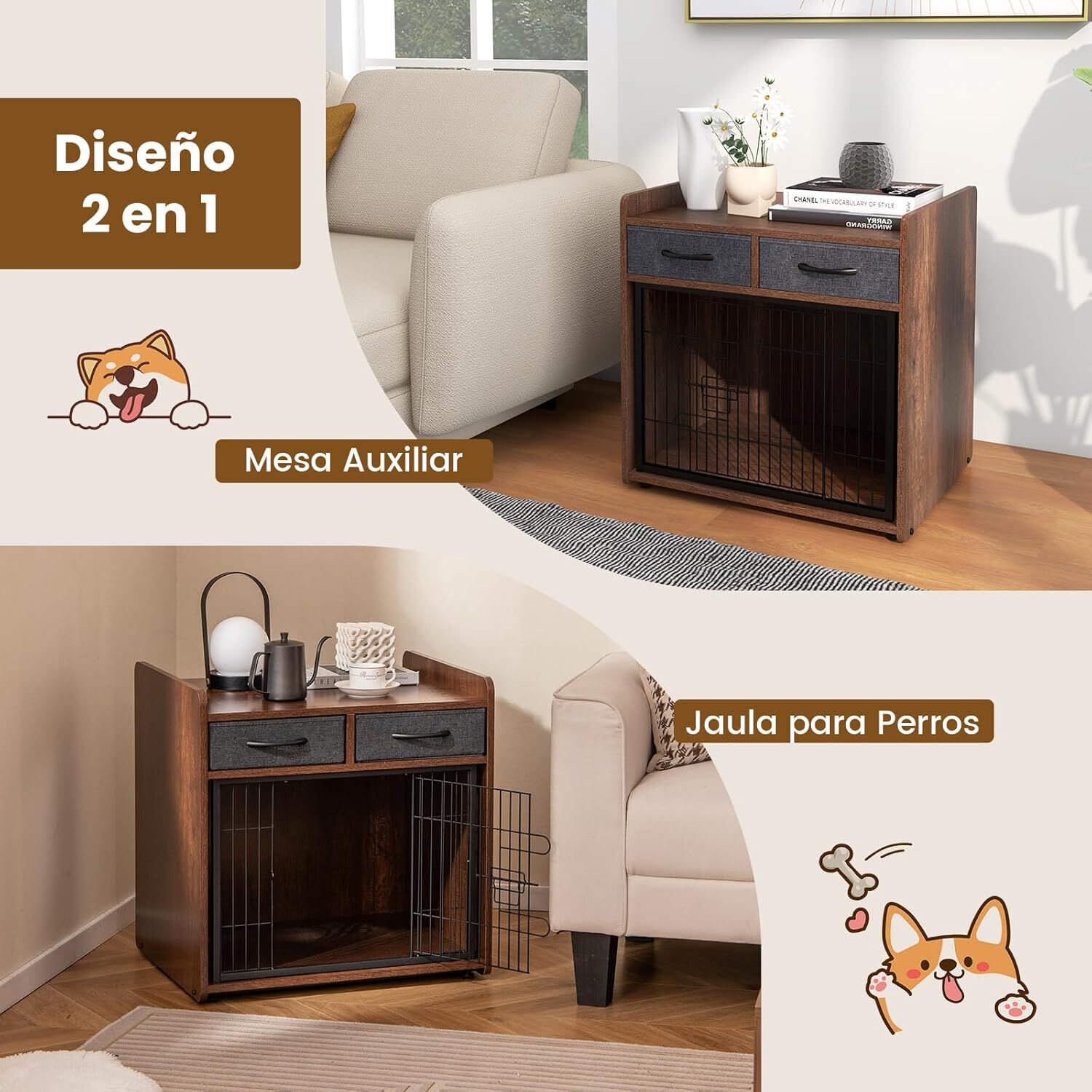COSTWAY Jaula para Perros de Madera, Cajones Perro Estilo Mueble con 2 Cajones de Tela, Puerta con Cerradura, Casa para Mascotas para Perros Peque&ntilde;os y Medianos, Mesa Auxiliar, 62X49,5X63 cm, , large Imagen numero 3
