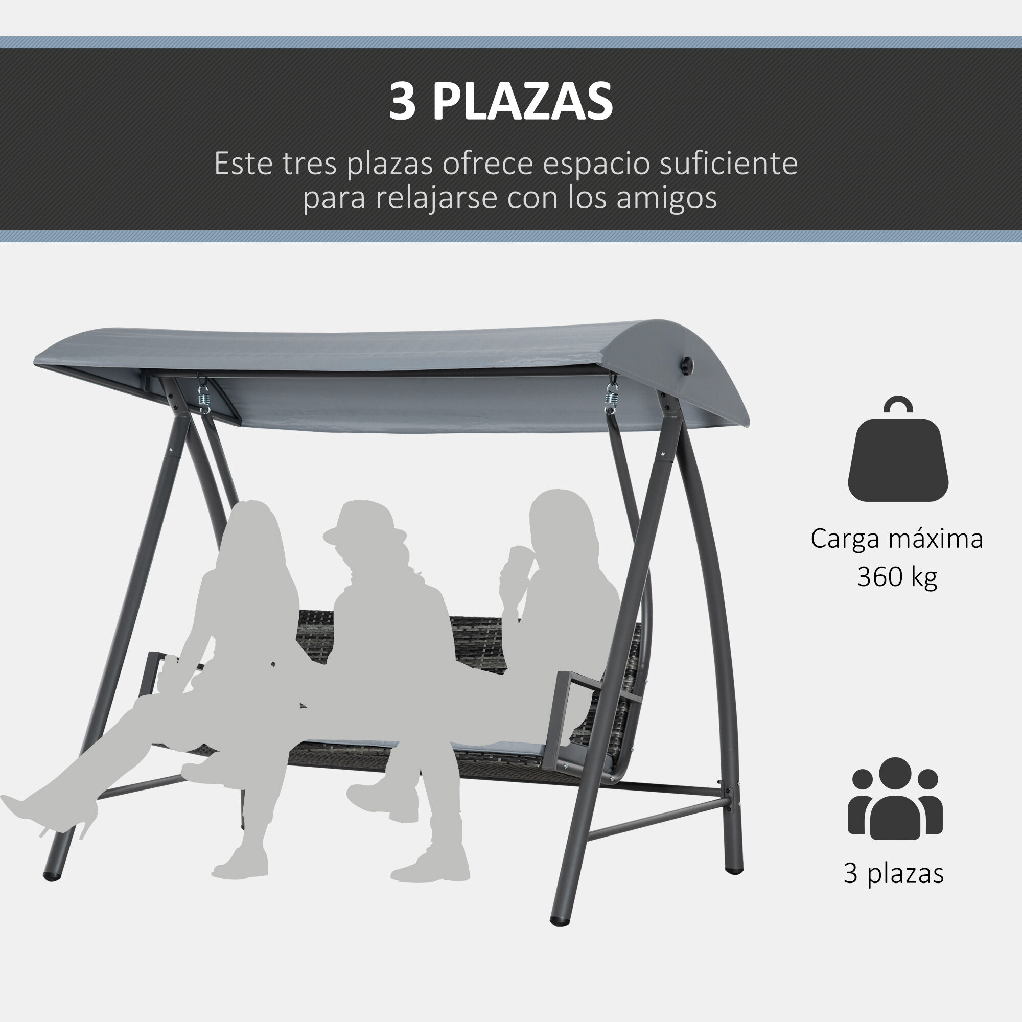 Outsunny Columpio Balanc&iacute;n Jard&iacute;n de Rat&aacute;n de 3 Plazas con Techo Ajustable y Coj&iacute;n Desenfundable con Cremallera para Terraza Balc&oacute;n Exterior Carga 360 kg 198x124x179 cm Gris, , large Imagen numero 5