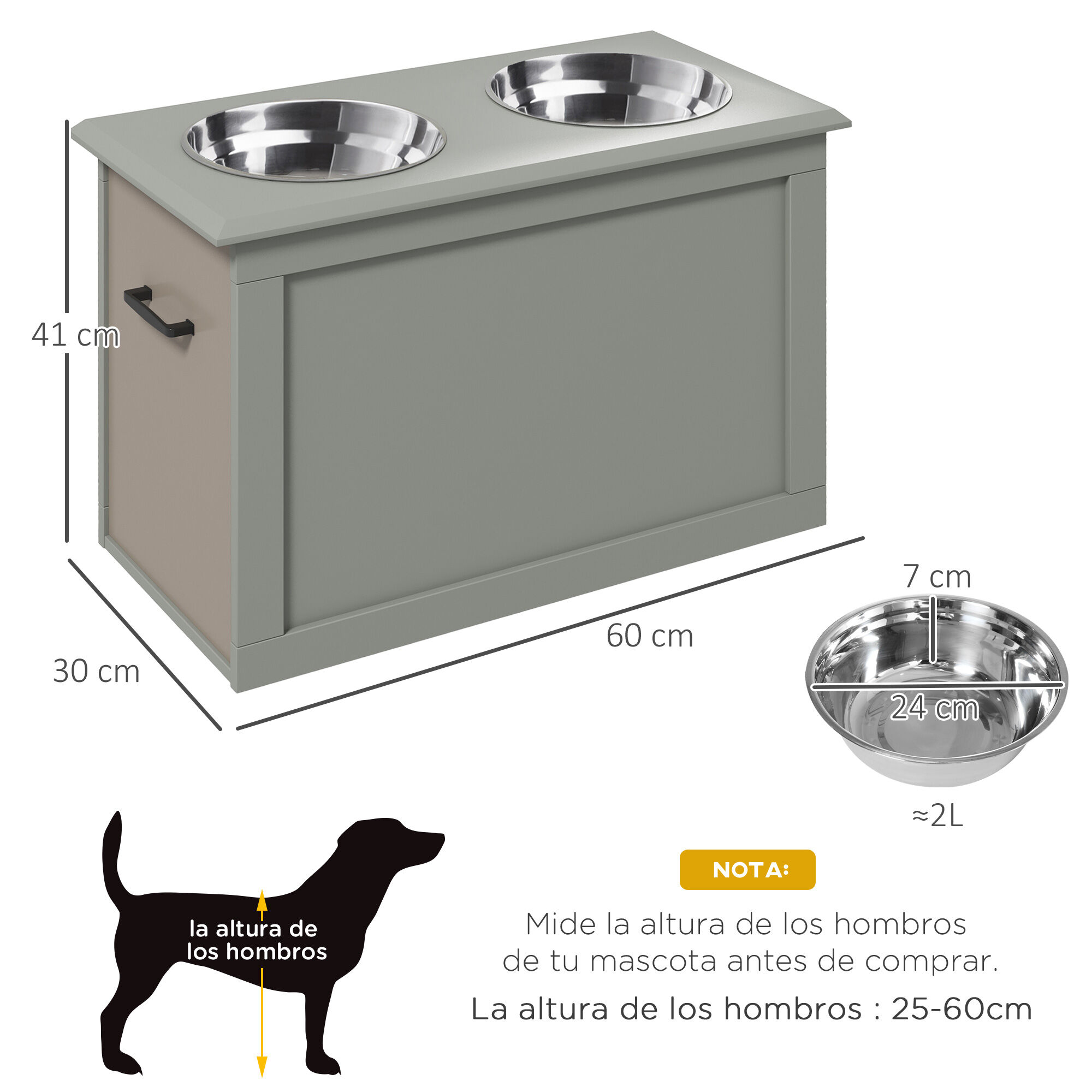 PawHut Comedero Perro Elevado con 2 Cuencos de Acero Inoxidable 2x2000 ml Comedero Elevado para Perros Grandes con Tapa Abatible y Almacenamiento Oculto Gris, , large Imagen numero 3