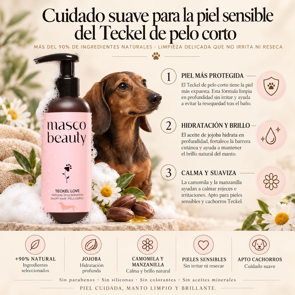 Champ&uacute; para Teckel con Jojoba y Manzanilla &middot; Champ&uacute; especial perro salchicha y Dachshund de pelo corto &middot; Brillo intenso y piel calmada &middot; Apto para ba&ntilde;os frecuentes &middot; Hecho en Espa&ntilde;a &middot; 250 ml, , large Imagen numero 2