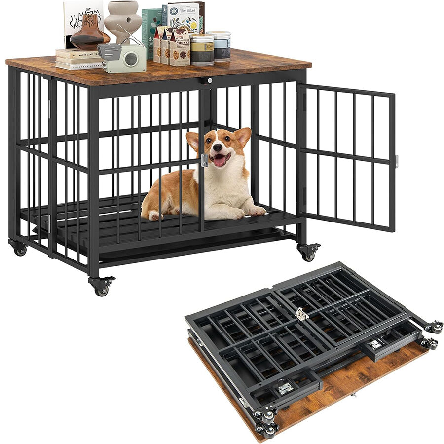 COSTWAY Jaula Plegable para Perros, Casa para Perros con Puerta, Ruedas Bloqueables y Bandeja Extra&iacute;ble, Ahorra Espacio, Mueble de Madera para Perro con Estructura Met&aacute;lica de Interior (80x61x64 cm), , large Imagen numero 1