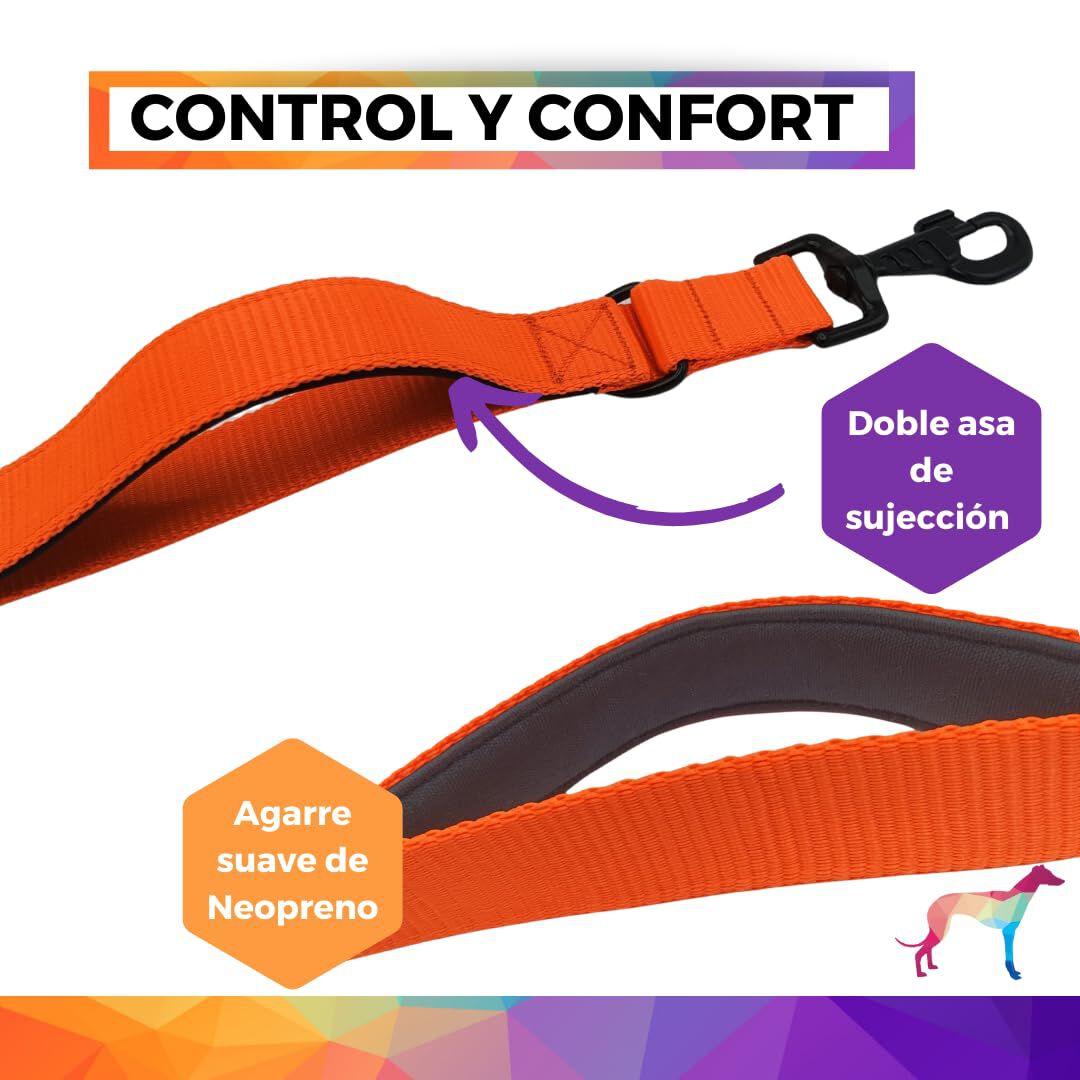 EGV - Correa multiposicion perro con doble asa de neopreno. Correa perro manos libres de 2,50 metros de longitud. (Naranja), , large Imagen numero 2