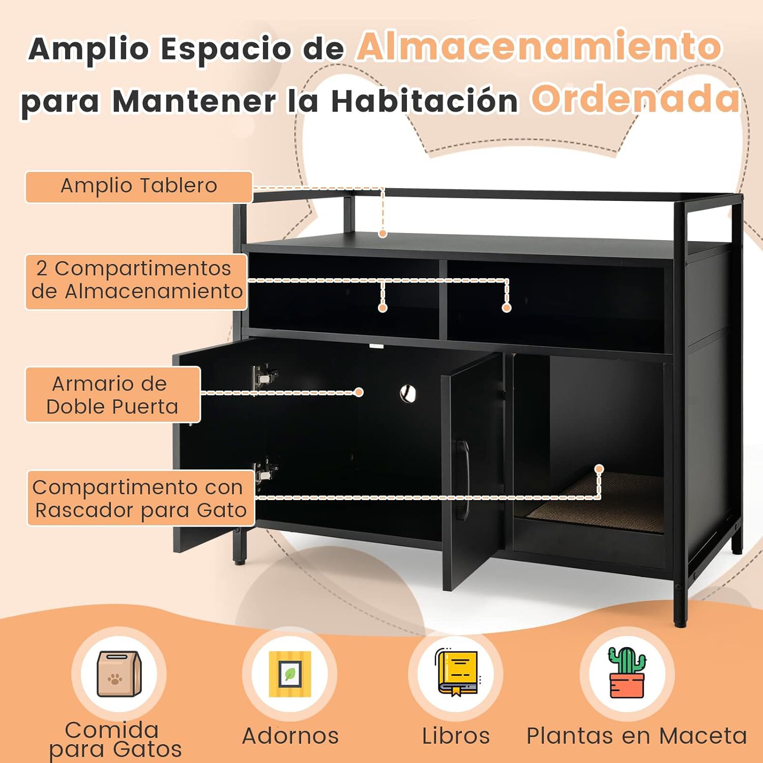 COSTWAY Caja de Arena para Gato, Aseo Gatos Mascotas de Madera, Mueble de Madera para Gatos con Estante & 2 Compartimentos, Muebles Interior para Gatos Ocultos para Entrada, Sala de Estar (Negro), , large Imagen numero 3