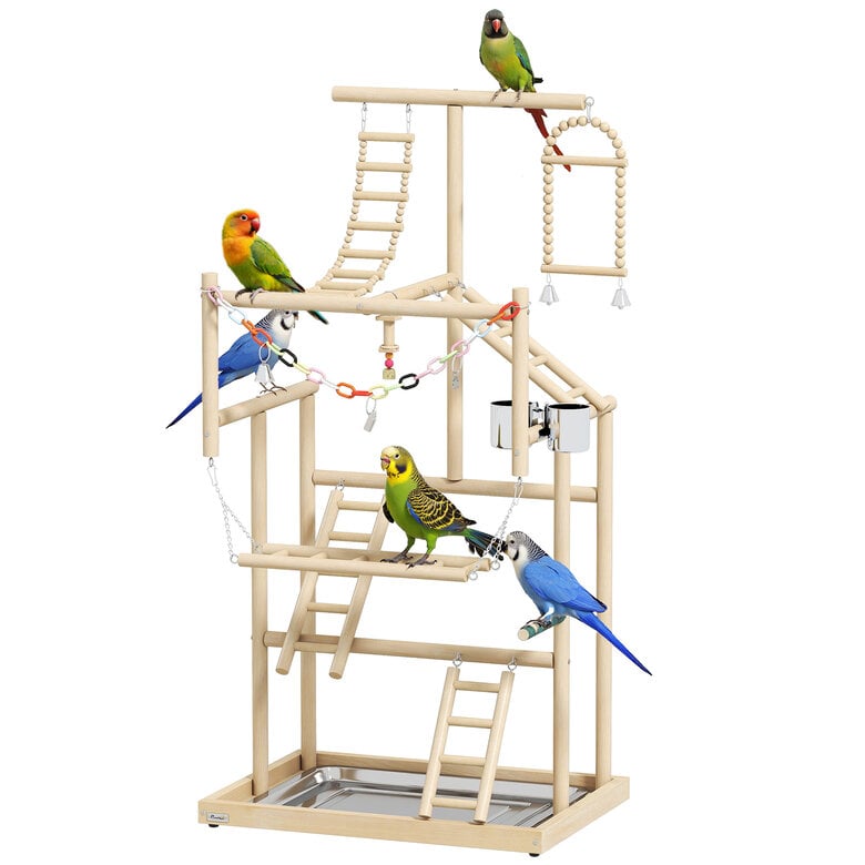 PawHut Parque de Juegos para Pájaros, Soporte de Madera para Pájaros con Escaleras, Columpio, Juguete de Cadena, Bandeja, Comederos, para Periquitos, Cacatúas, Cotorras, Agapornis, 48x38x95 cm