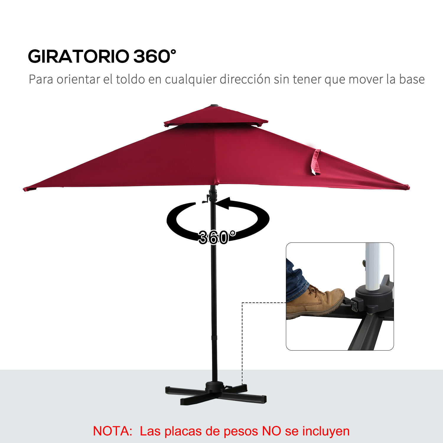 Outsunny Sombrilla de Jard&iacute;n 300x300 cm Parasol de Aluminio con Manivela Poste Giratorio 360&deg; Doble Techo Inclinable en 6 Posiciones y Base Cruzada Incluida Rojo, , large Imagen numero 5