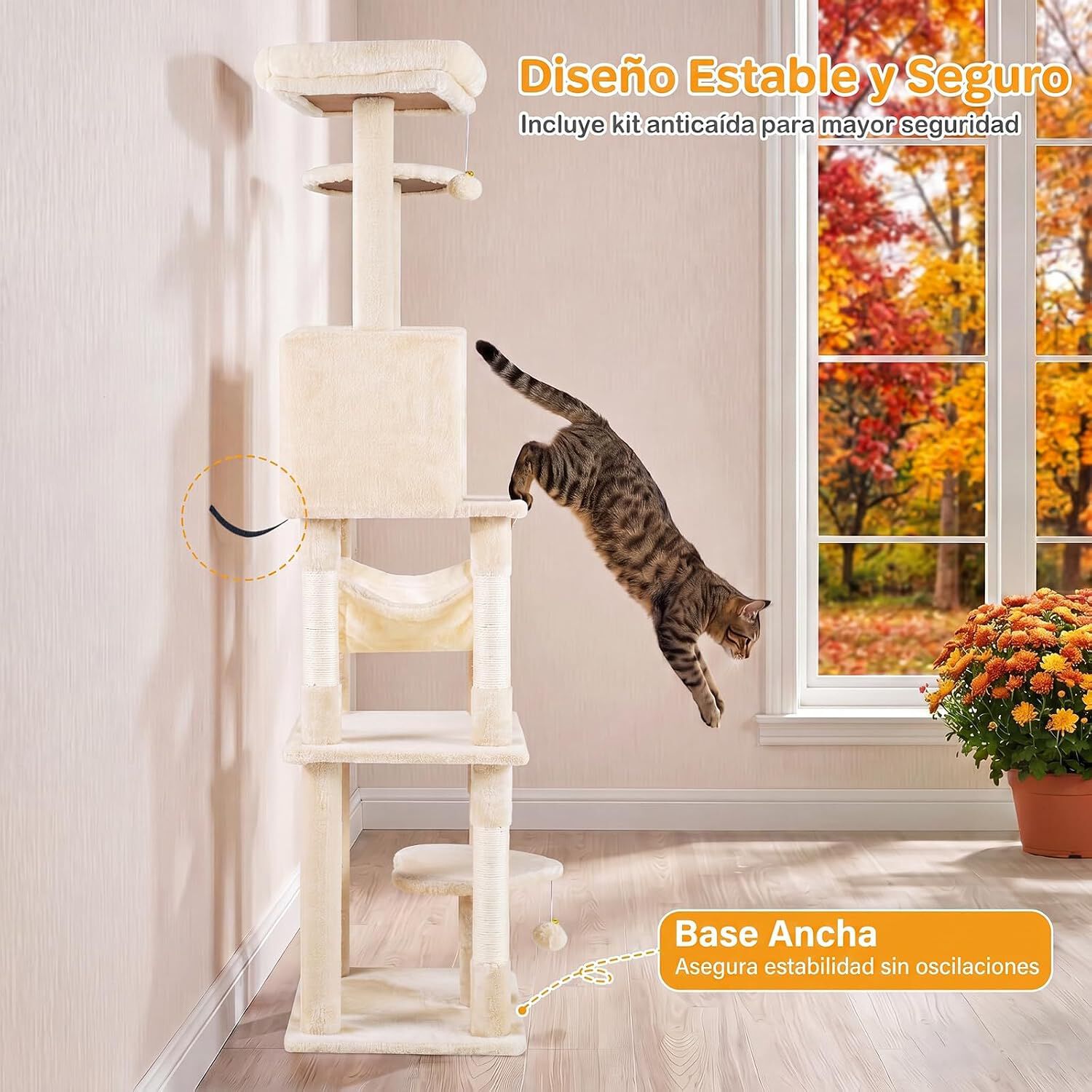 COSTWAY &Aacute;rbol para Gatos Multinivel con Postes Rascadores de Sisal Natural | 168 cm Torre para Gatitos de Interior con Perchas, Hamaca, Condominio y Pompones Colgantes, Mueble de Escalada Felino, , large Imagen numero 4