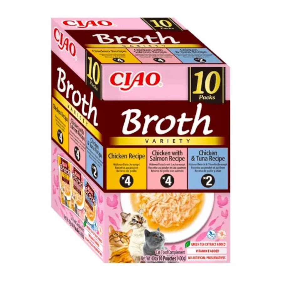 10 Sobres x 40 g Ciao Broth Multipack Sopa Pollo, Salm&oacute;n y At&uacute;n para gatos, , large Imagen numero 1