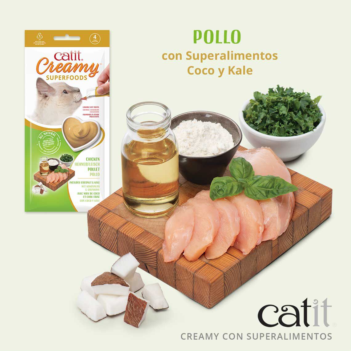Snack liquido para gato Catit creamy con superalimentos pollo con Coco y Kale, 4x10g, , large Imagen numero 2