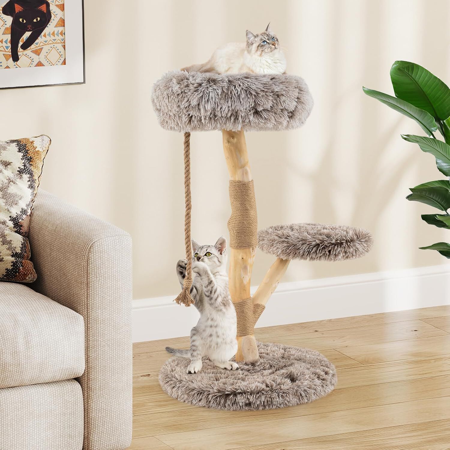 COSTWAY &Aacute;rbol Rascado para Gatos de 90cm, Torre Rascador con Plataformas, Cuerda de Yute y Postes de Sisal, Torre de Escalada para Gatos en Interior de Madera para Descansar, Jugar y Afilar, Gris, , large Imagen numero 5