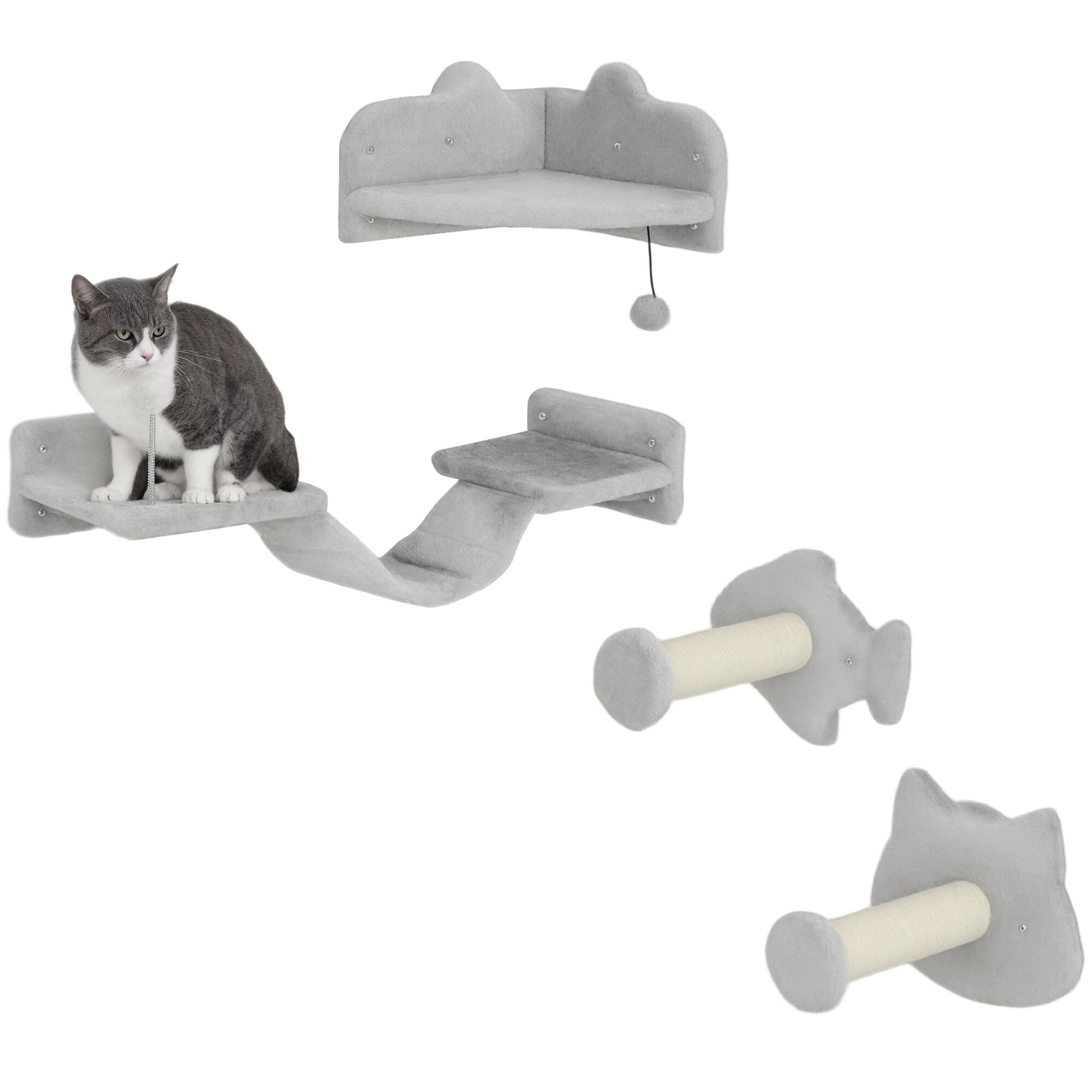 PawHut Juego de Estanterías para Gatos de 4 Piezas Rascador de Pared para Gatos con 2 Postes de Sisal Plataforma Doble con Escalera Suave y 1 Plataforma para Saltar Gris Claro thumbnail