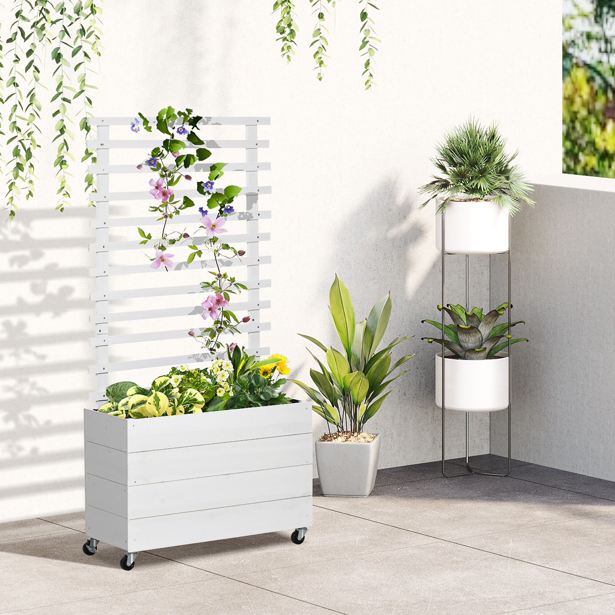 Outsunny Jardinera con Enrejado de Madera Maciza con 4 Ruedas Macetero de Jard&iacute;n con Soporte para Trepadora y Tela Geotextil para Cultivos Plantas Flores 76x30x155 cm Blanco, , large Imagen numero 2