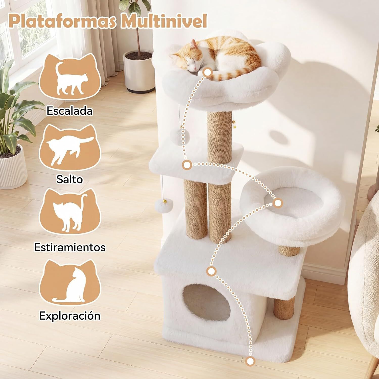 COSTWAY &Aacute;rbol Rascador para Gatos, Torre para Gatos con Percha Superior Acolchonada en Forma de Flor, Condominio y Cama, 2 Bolas Colgantes con Cascabel y Postes, Mueble Multinivel para Escalar (Beige), , large Imagen numero 4