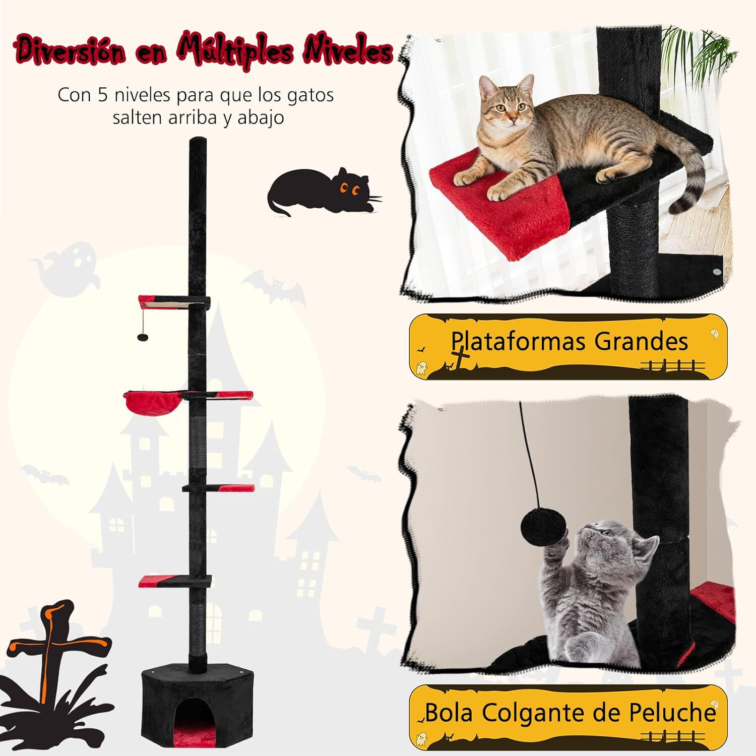 COSTWAY &Aacute;rbol Rascador para Gatos G&oacute;tico de Suelo a Techo, Ajustable de 245-300 cm, Torre Alta de 5 Niveles con Caseta, Hamaca, Postes Rascadores de Sisal, Bola Colgante, Casa de Juegos para Gatitos, , large Imagen numero 4