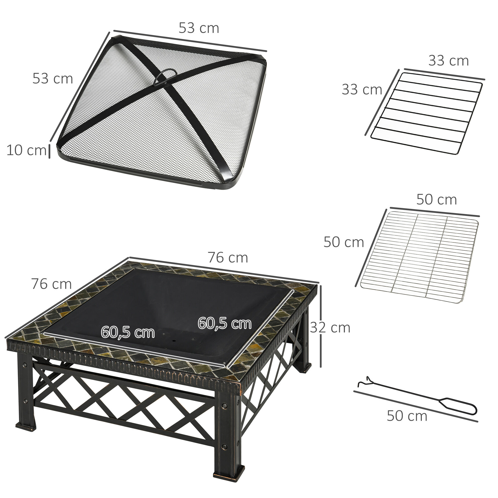 Outsunny Brasero Exterior Calentador de Fuego 76x76x47 cm Multifuncional 3 en 1 Cuadrada Nuevo Estilo Cubo de Hielo para Calefacci&oacute;n Barbacoa Terraza Jard&iacute;n Negro, , large Imagen numero 3