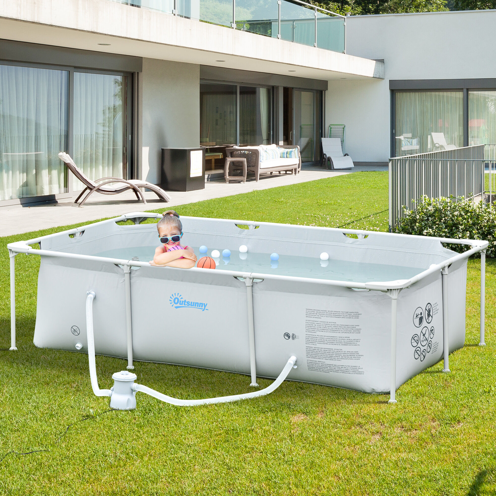 Outsunny Piscina Desmontable Tubular 252x152x65 cm con Depuradora de Cartucho 1200L/H Piscina Rectangular de Exterior para Adultos y Ni&ntilde;os 2163L Gris, , large Imagen numero 2