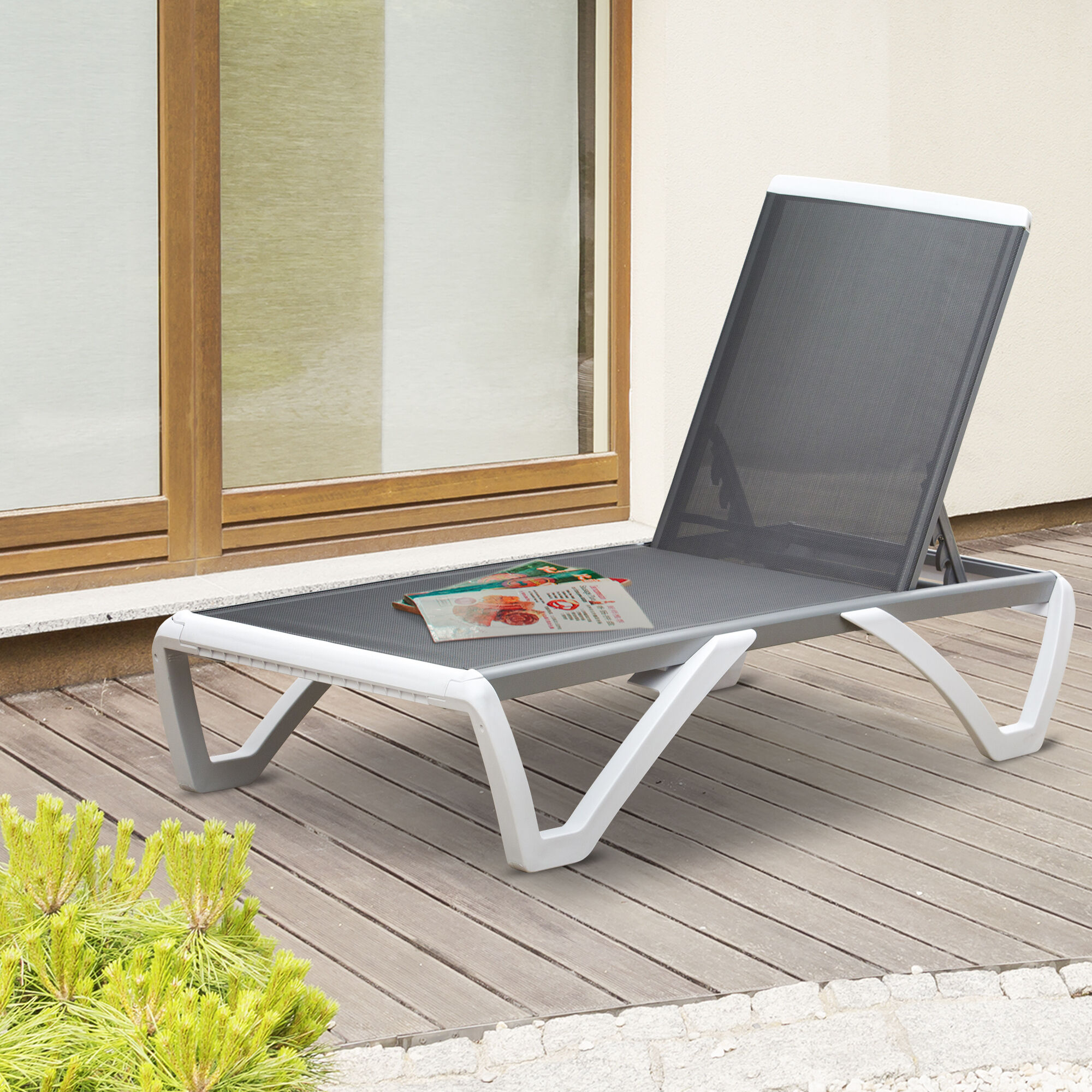Outsunny Tumbona Reclinable de Jard&iacute;n de Aluminio con Ruedas y Respaldo Ajustable en 5 Niveles Sill&oacute;n Relax para Terraza Balc&oacute;n Piscina 170x67,5x95 cm Gris Blanco, , large Imagen numero 2