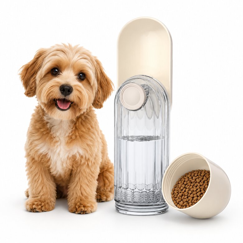 Botella Portátil 2 en 1 para Perros, 280 ml de Agua + 120 ml para Comida, con Cuenco Integrado y Correa de Transporte