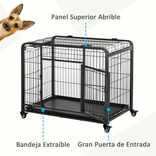 Jaula de Metal PawHut para Perros Plegable con Ruedas y Frenos color Gris thumbnail
