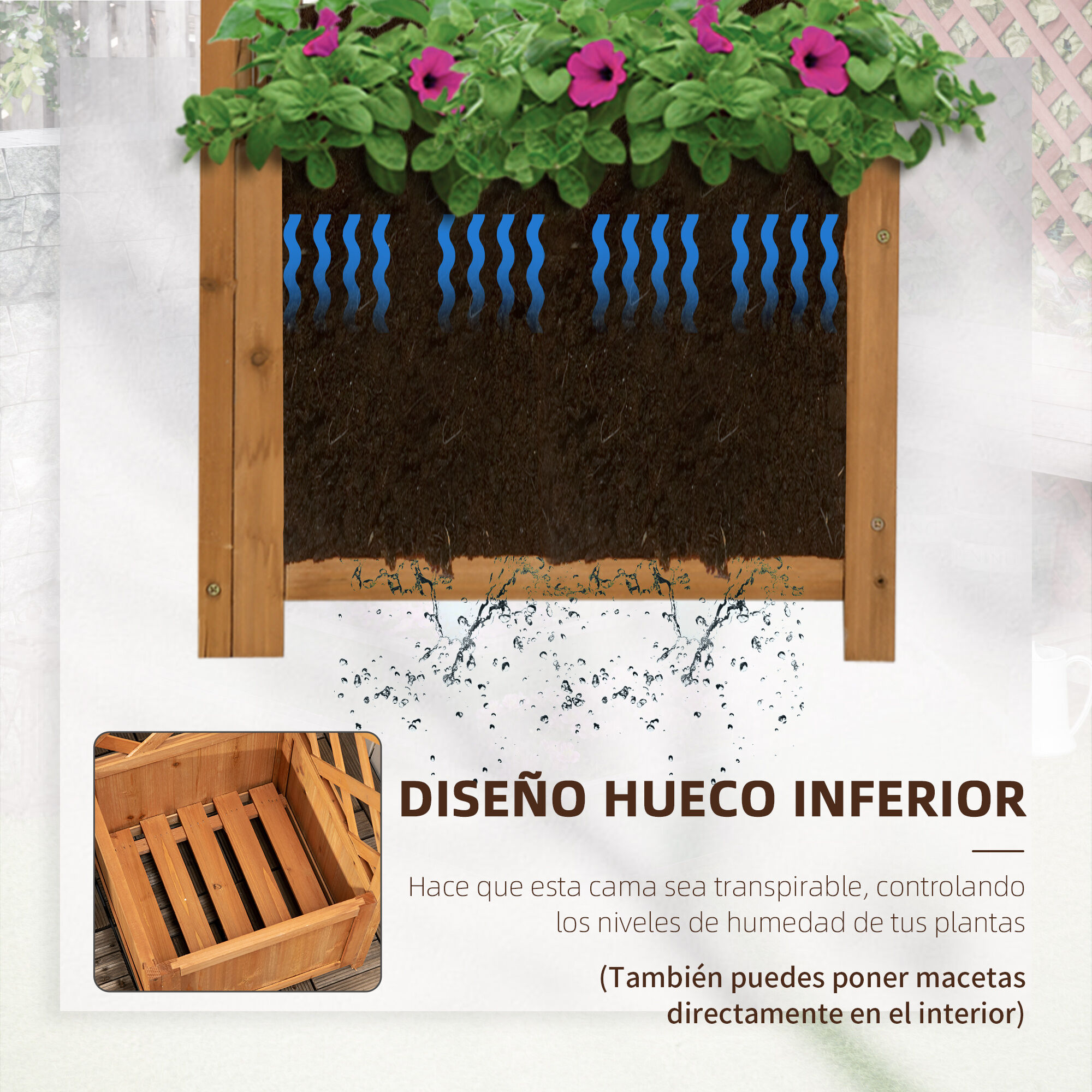 Outsunny Jardinera con Enrejado de Madera Macetero con Enrejado Jardinera Rectangular para Trepadoras Cultivos Plantas Flores Decoraci&oacute;n en Esquina 40x40x145 cm Natural, , large Imagen numero 5