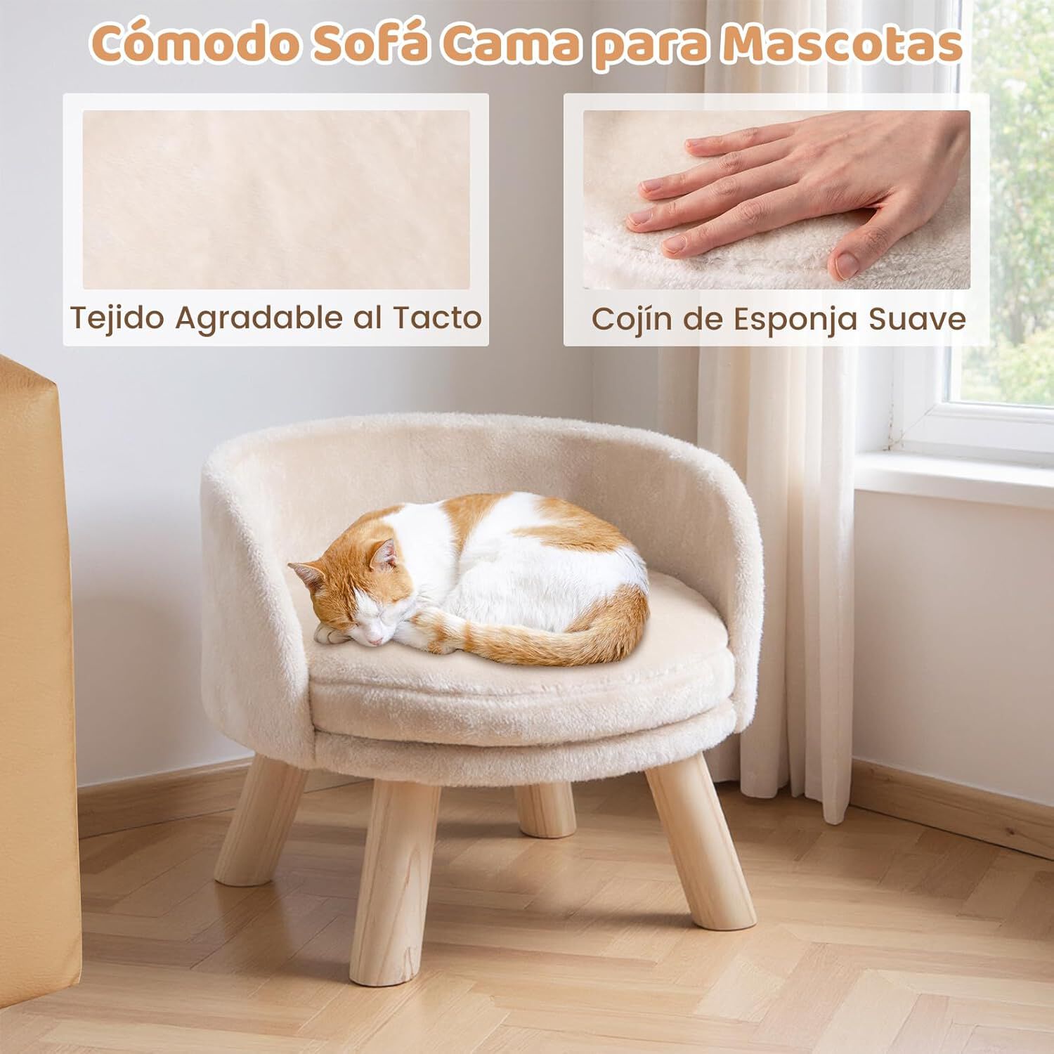 COSTWAY Sof&aacute; Cama Alta para Perros Peque&ntilde;os, Cama para Gatos con Coj&iacute;n Redondo Acolchado, Sof&aacute; para Mascotas con Patas de Madera, Mueble Elevado para Mascotas con Coj&iacute;n, 42 x 42 x 33 cm, , large Imagen numero 3