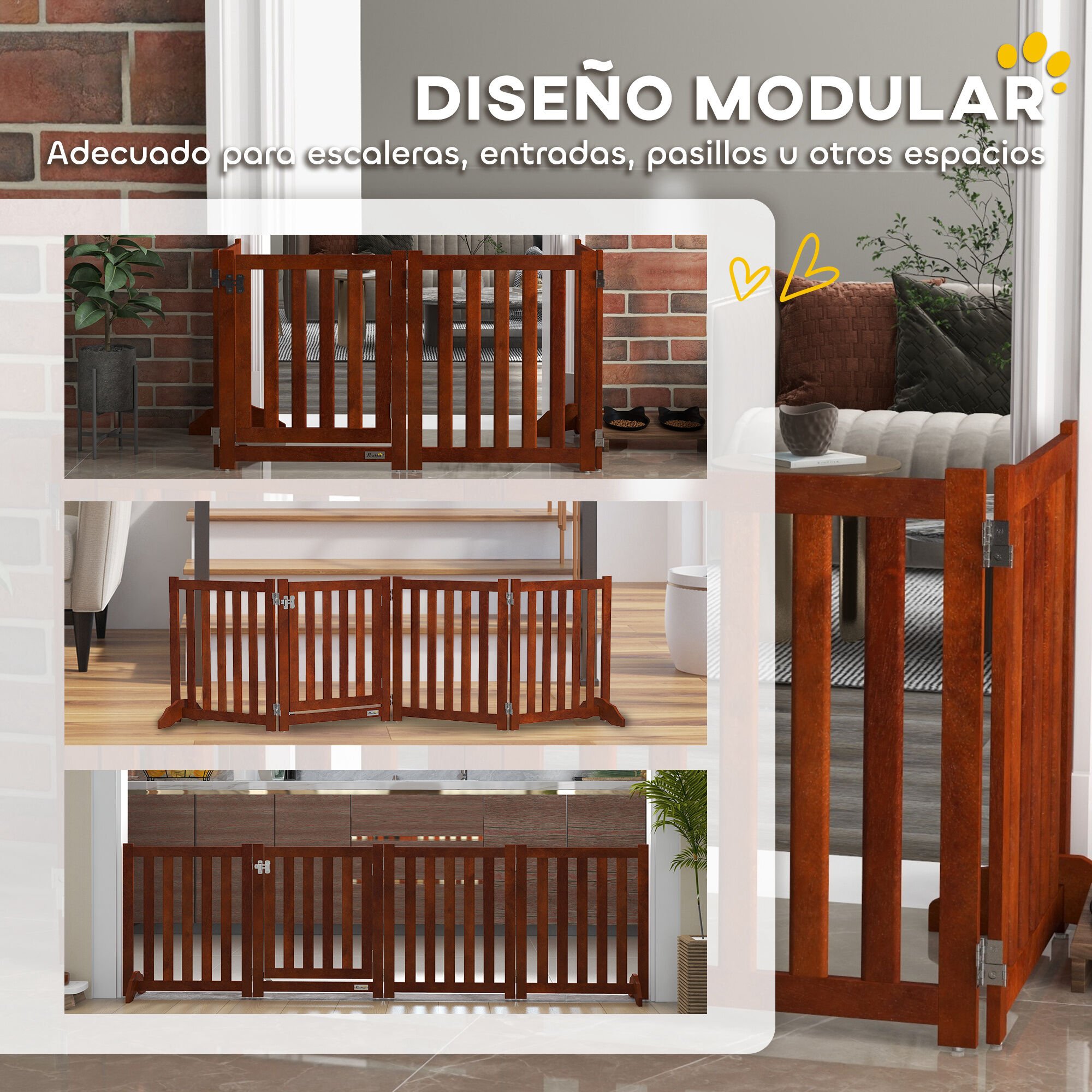 PawHut Barrera de Seguridad para Perros Plegable para Escaleras y Puertas Valla para Perros Pequeños de 4 Paneles con Soporte de Pie para Interiores 205x30x60 cm Marrón thumbnail